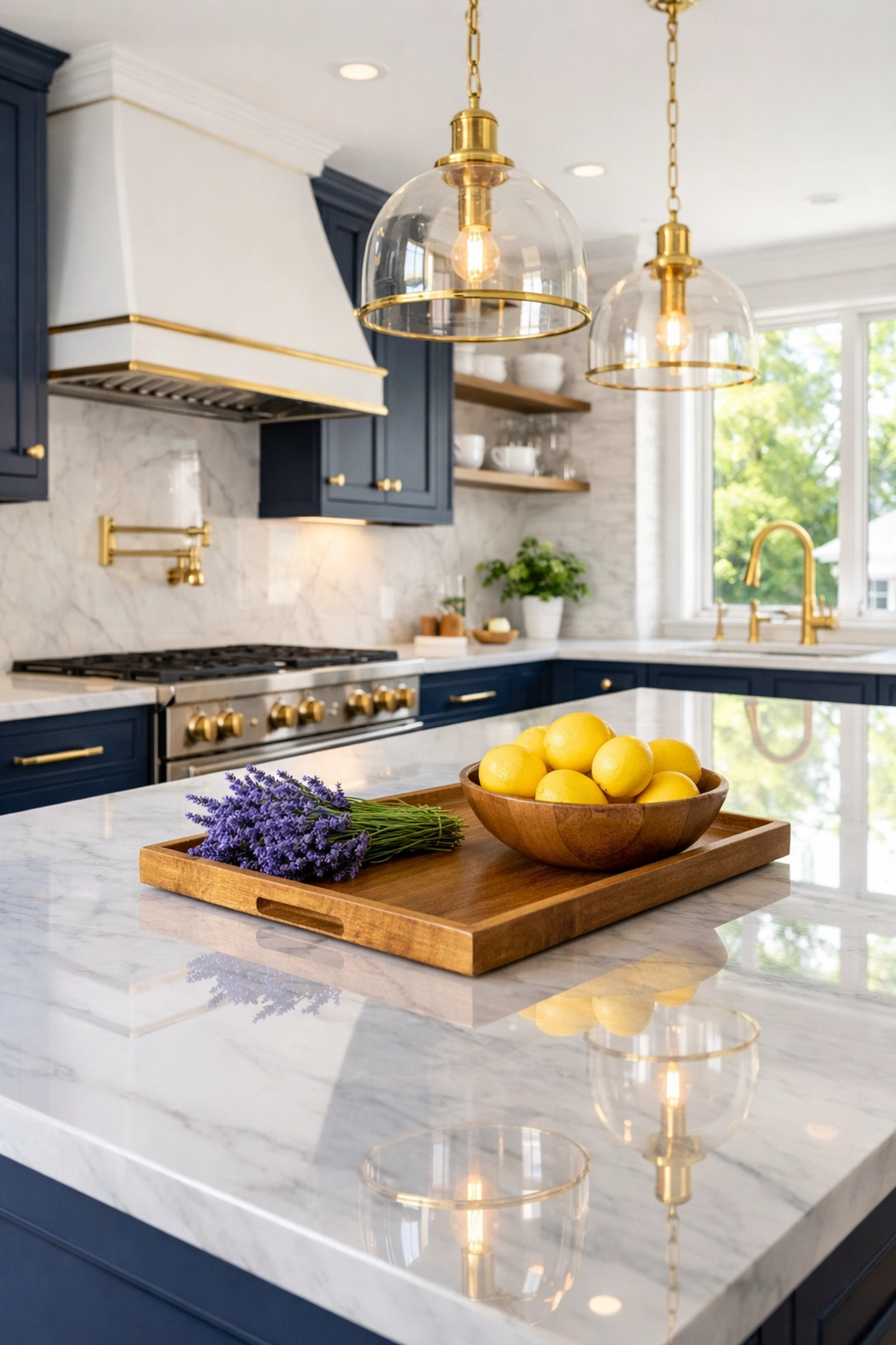 Eco-friendly luxury house cleaning in Newton MA modern kitchen with marble countertops.