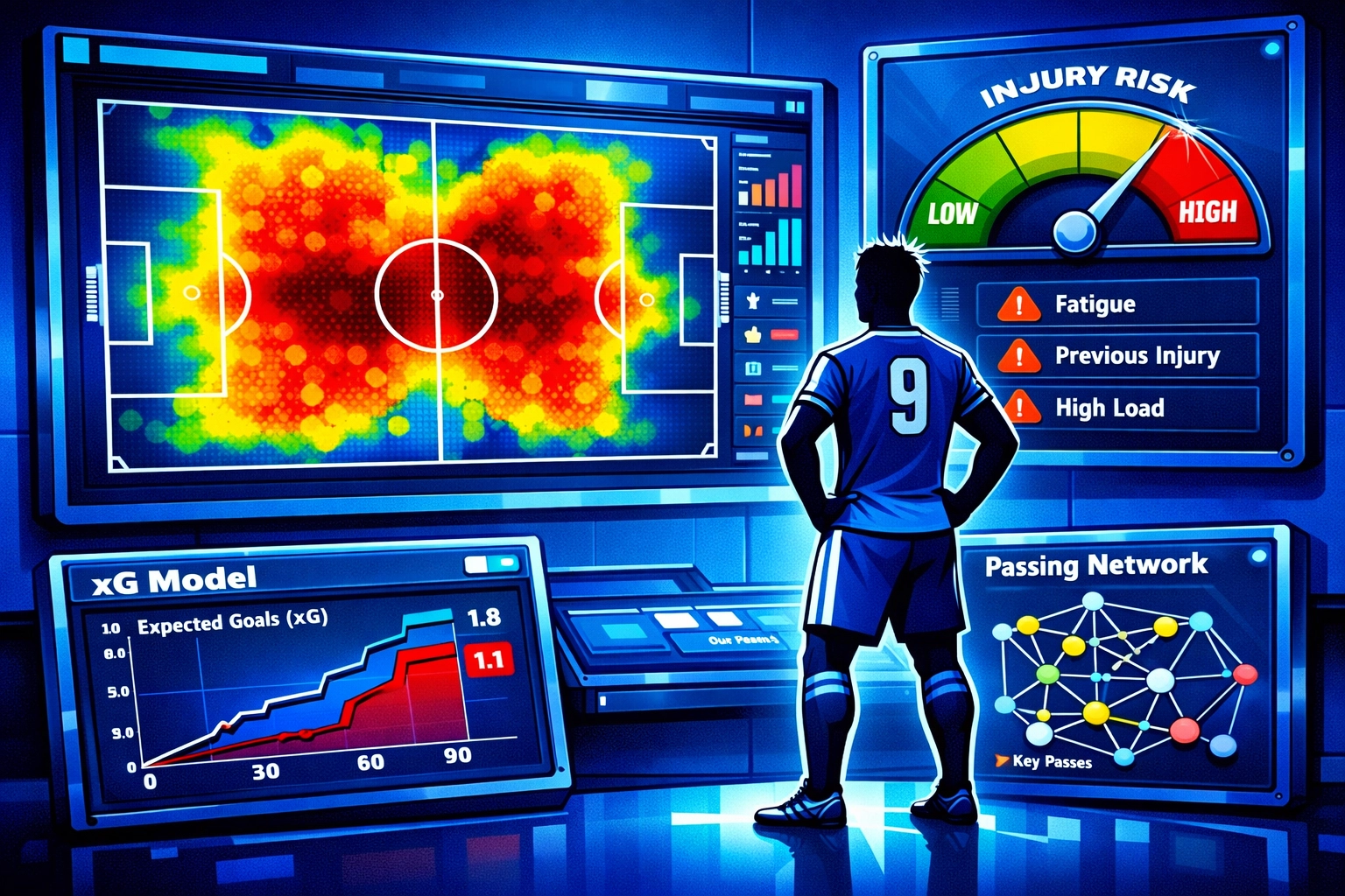 Football (soccer) analytics lab/dashboard showing pitch heatmaps, xG modeling, passing networks, and a player silhouette in a football kit for player token valuation and risk.