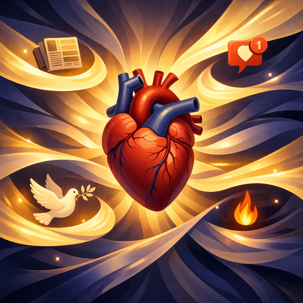 Heart surrounded by light and shadow with news symbols, representing balanced Christian perspective