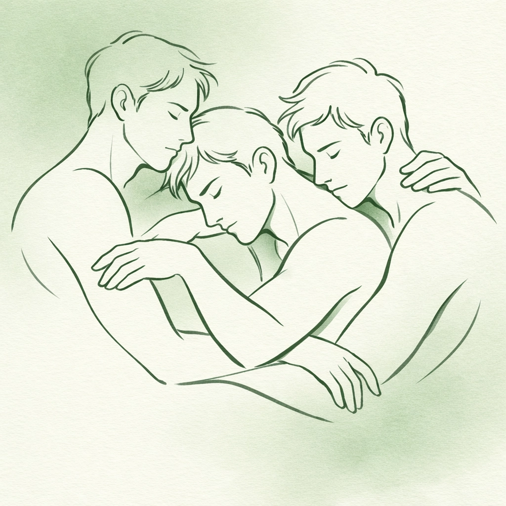 Three male figures in intimate artistic composition illustrating MM romance connection