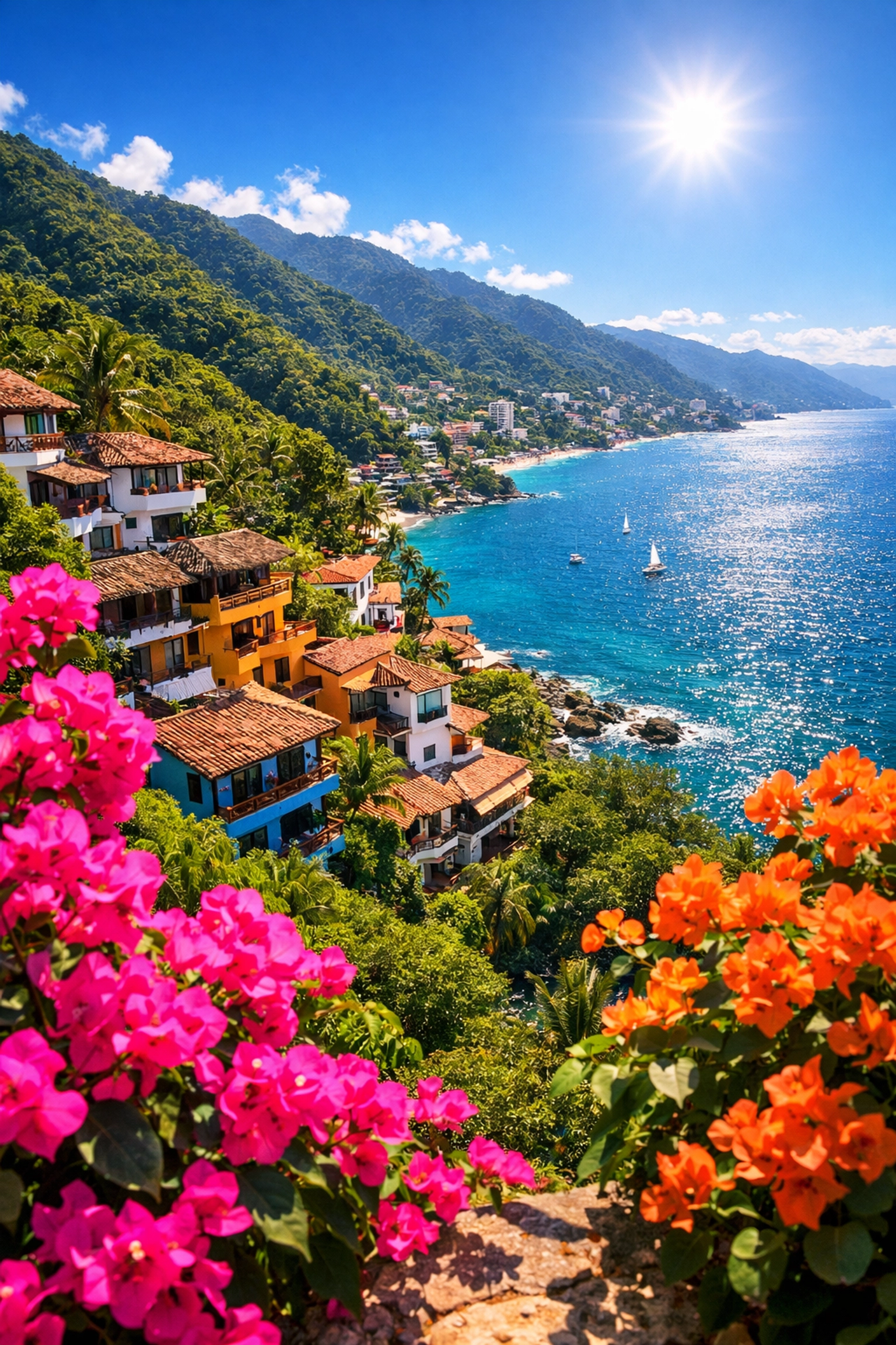Scenic view of Amapas hillside villas and terracotta roofs above the turquoise Banderas Bay.