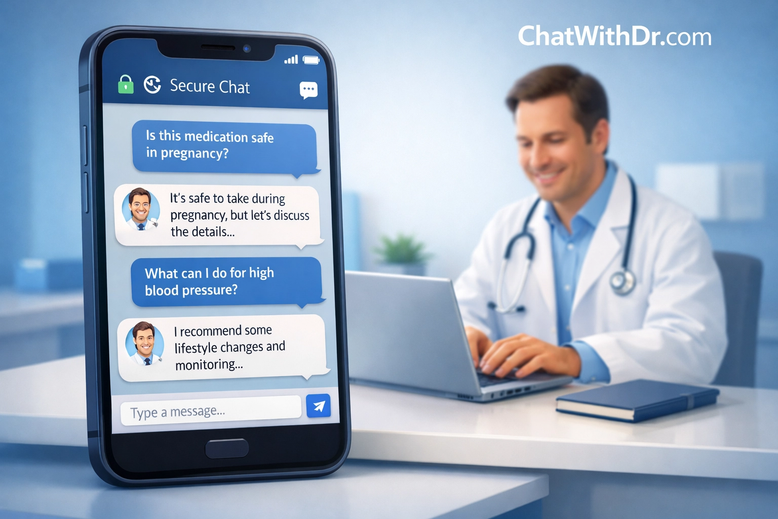 Online doctor consultation via secure text messaging with licensed physician responding to patient