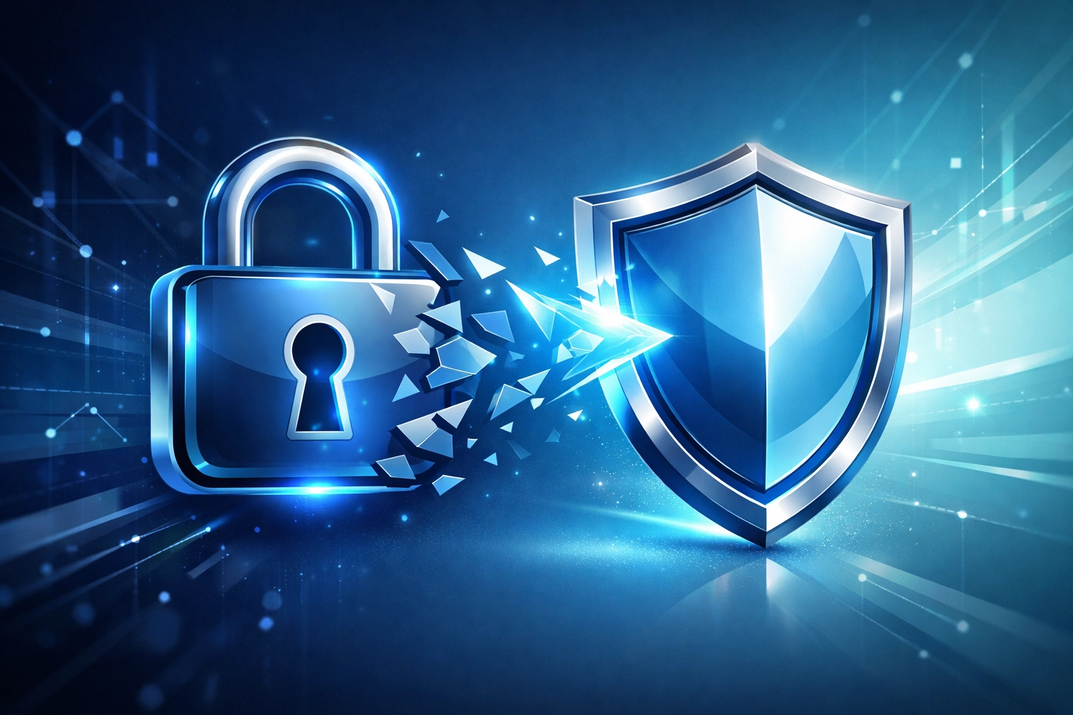 Digital lock transforming into security shield representing Microsoft 365 MFA protection for admin access