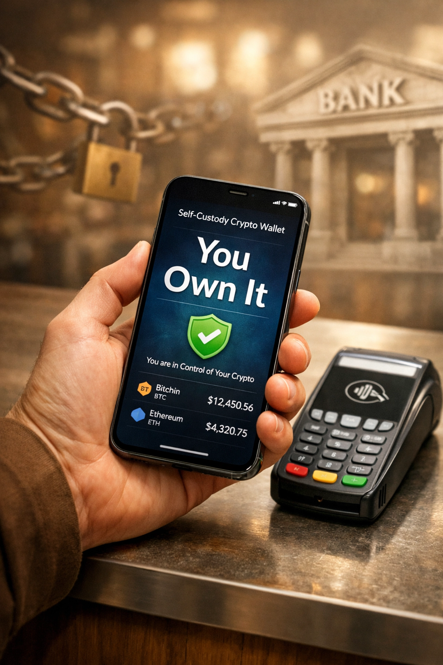 Merchant using self-custody crypto wallet for contactless POS payments at retail counter