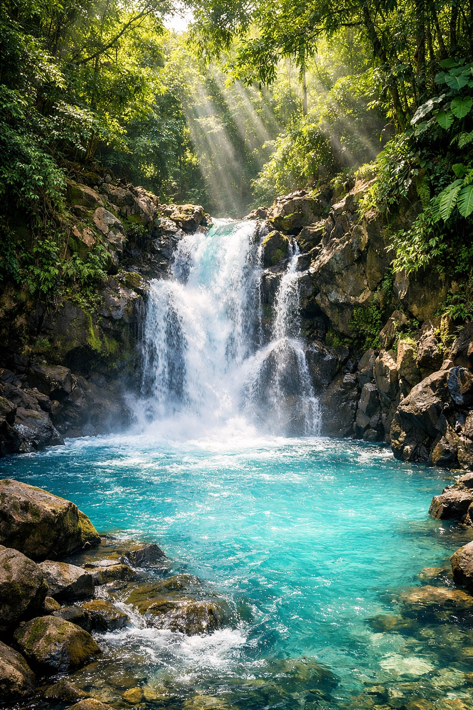 Turquoise water at La Leona Waterfall, a popular adventure tour near Liberia, Costa Rica.