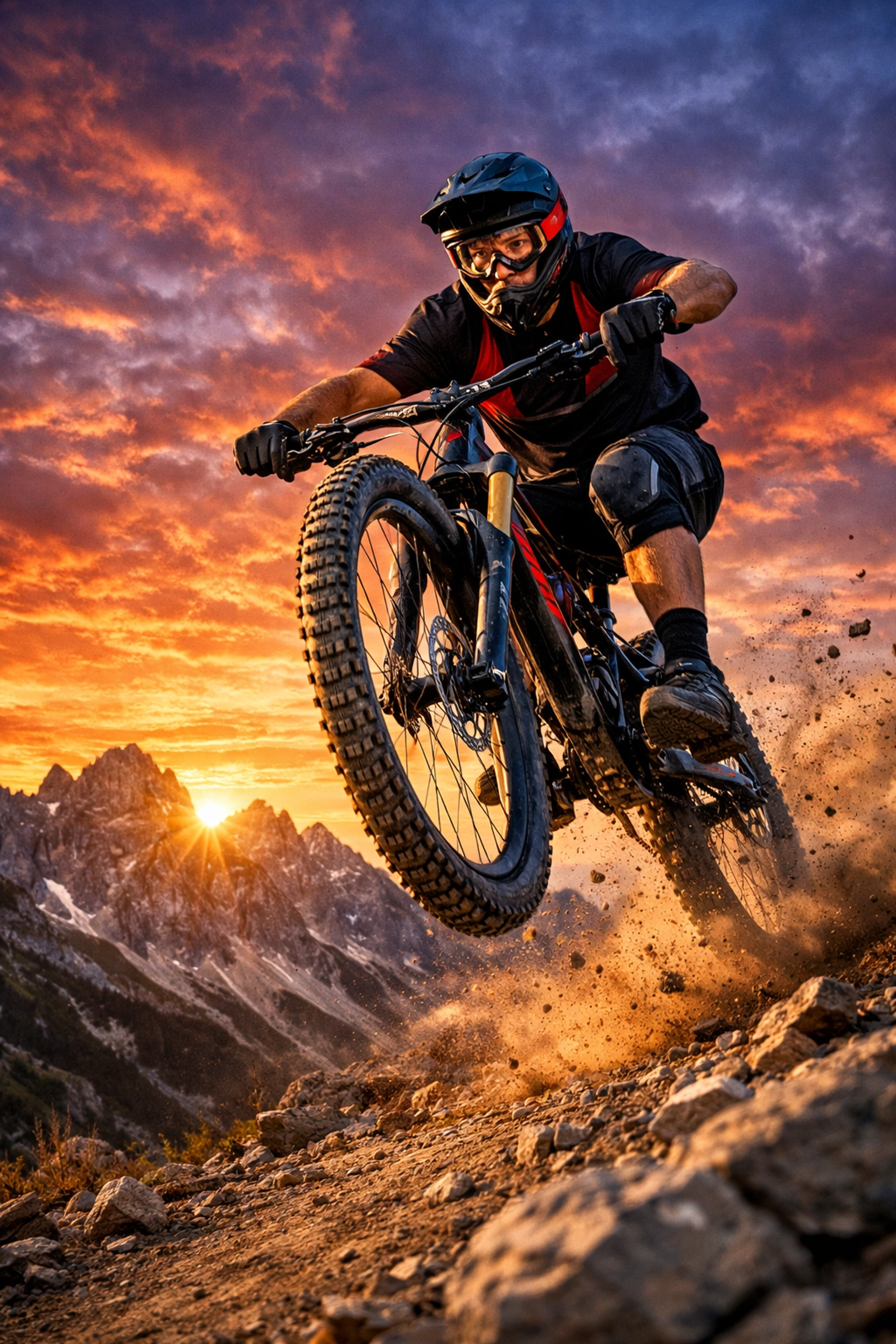 Mountain biker in mid-air with sharp detail from computational autofocus photography.