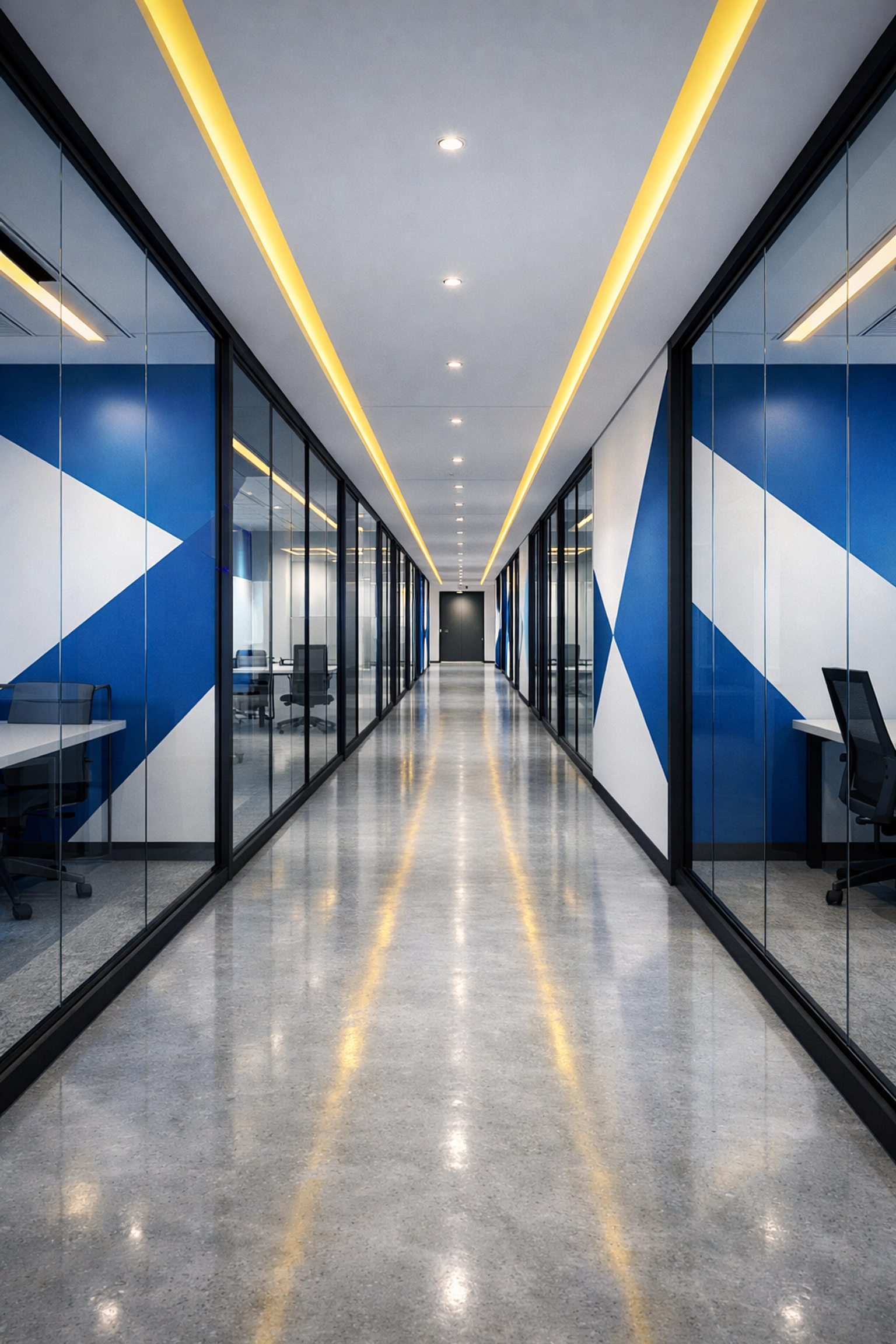 Professional commercial cleaning Boston results in a modern corporate hallway with polished stone flooring.