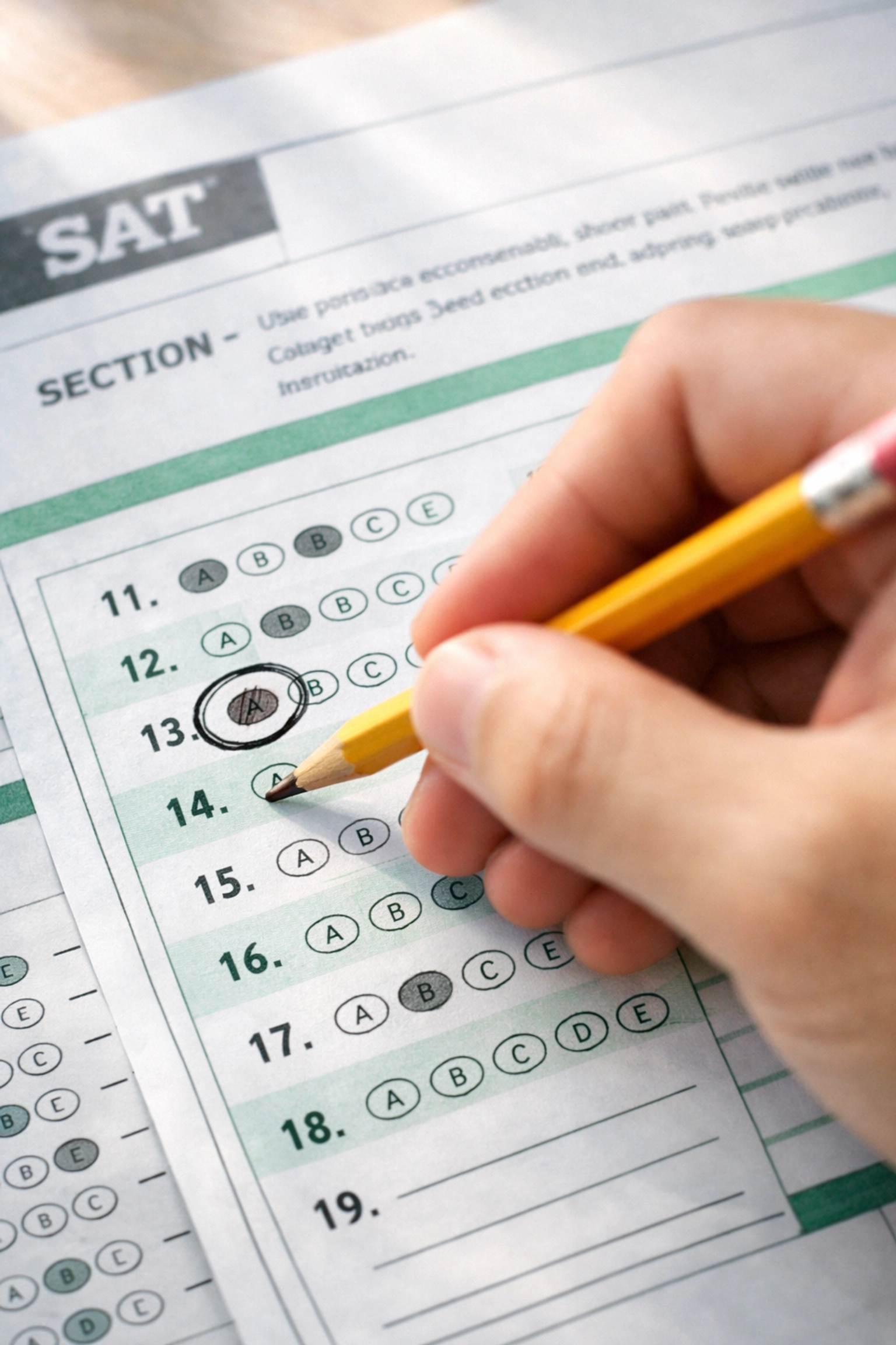 Student using strategic question-skipping technique on SAT answer sheet