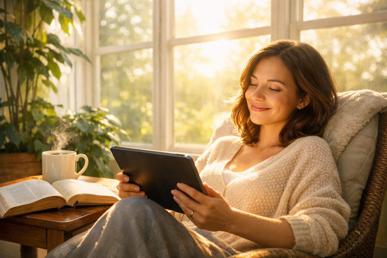 Woman reading the Bible on a digital tablet in a bright sunroom, experiencing faith online.