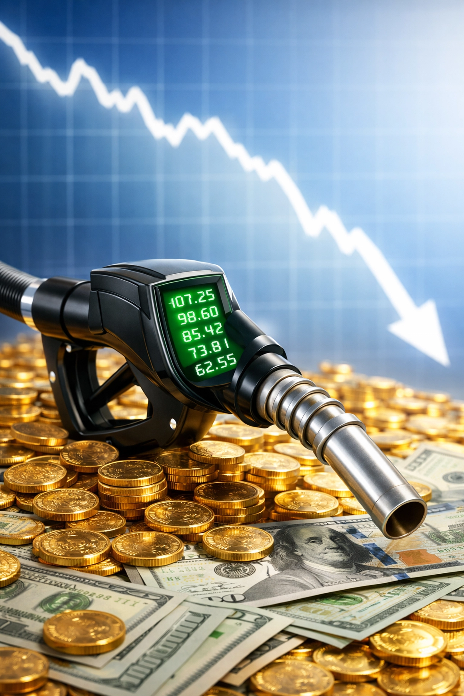 A gas pump nozzle over money with a falling price graph representing a sharp drop in oil prices.