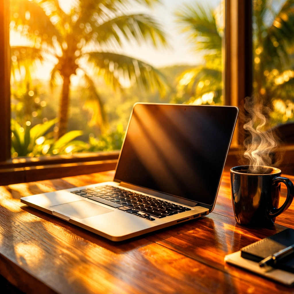 Remote work setup with laptop and coffee near tropical window in Puerto Vallarta rental