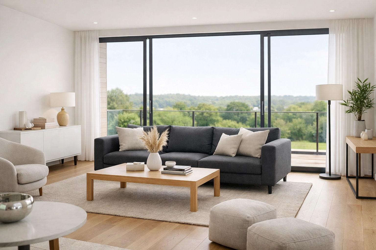 Modern open-plan living room in a luxury Kent apartment designed for high-end corporate stays and business travellers.