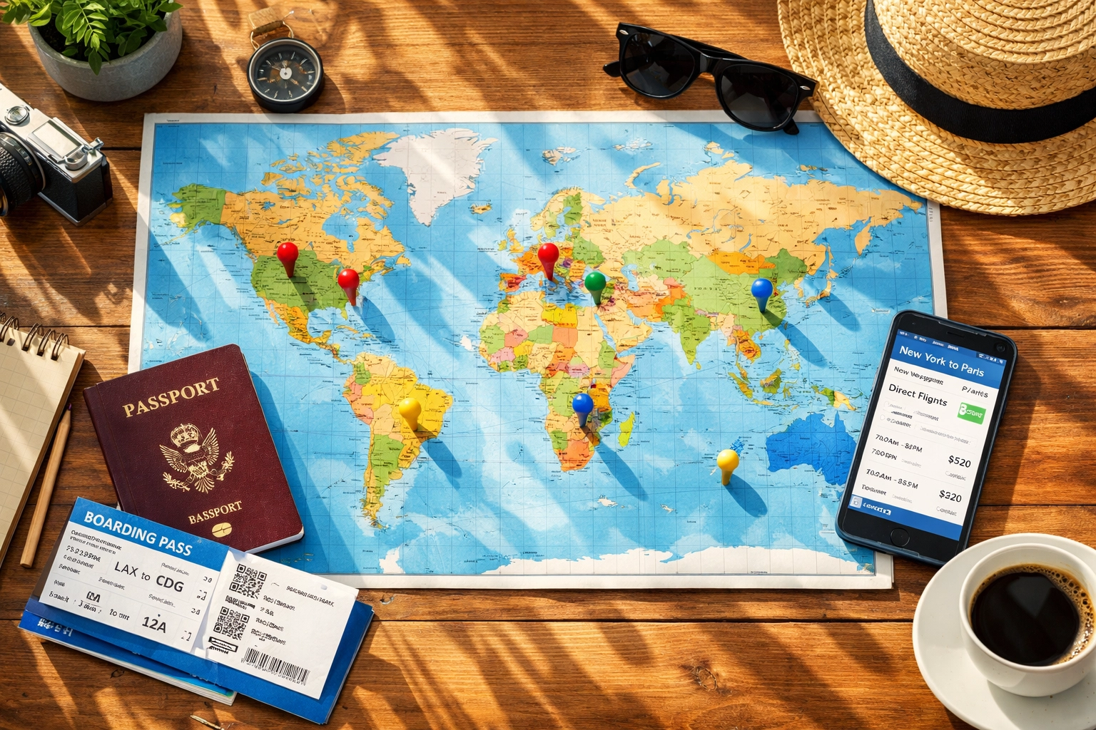 Travel planning materials including passport, map, and flight search for summer vacation booking