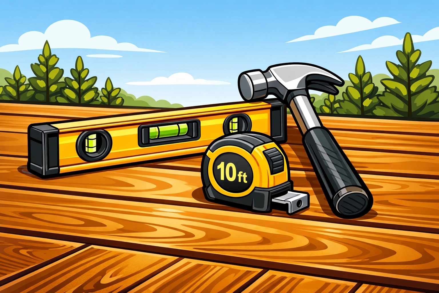 Professional tools on a maintained deck surface for spring deck repairs in Barrington, NH.