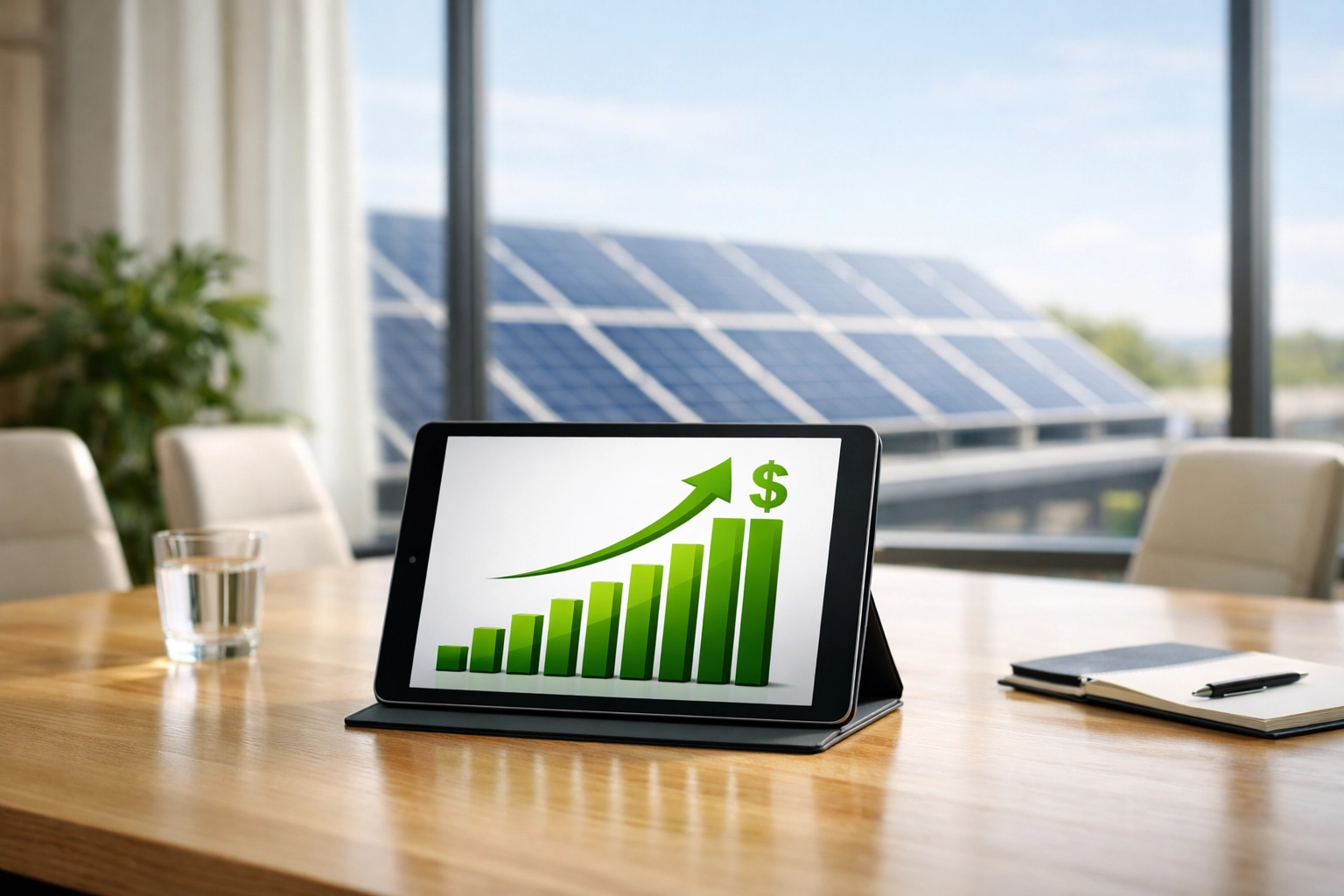 Forecasting commercial solar ROI using a data chart in a modern office boardroom.