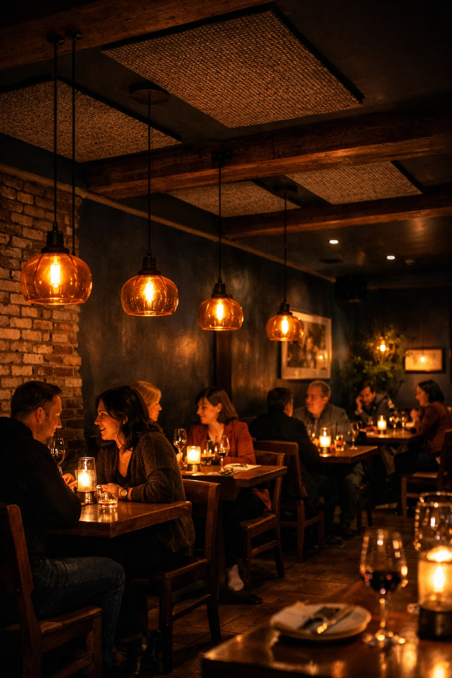 Dark moody restaurant interior with warm pendant lighting and diners in intimate conversation