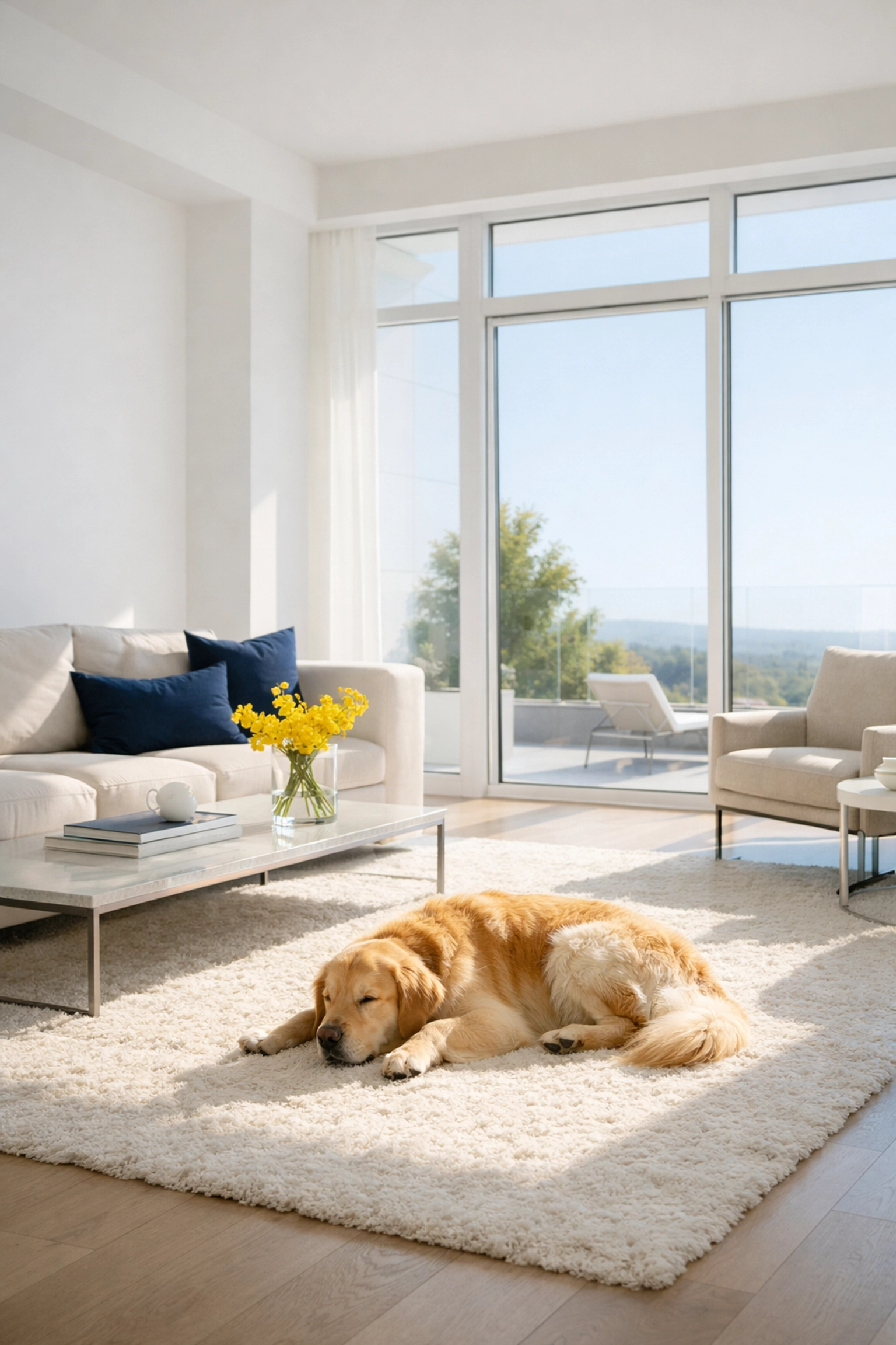 Allergen-free living room with a pet dog, maintained through regular weekly house cleaning for better health.