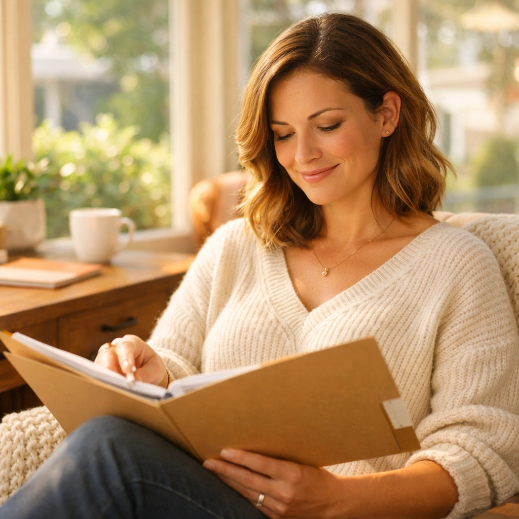 A confident Missouri surrogate reviews her insurance coverage documents in a bright, sun-drenched living room.