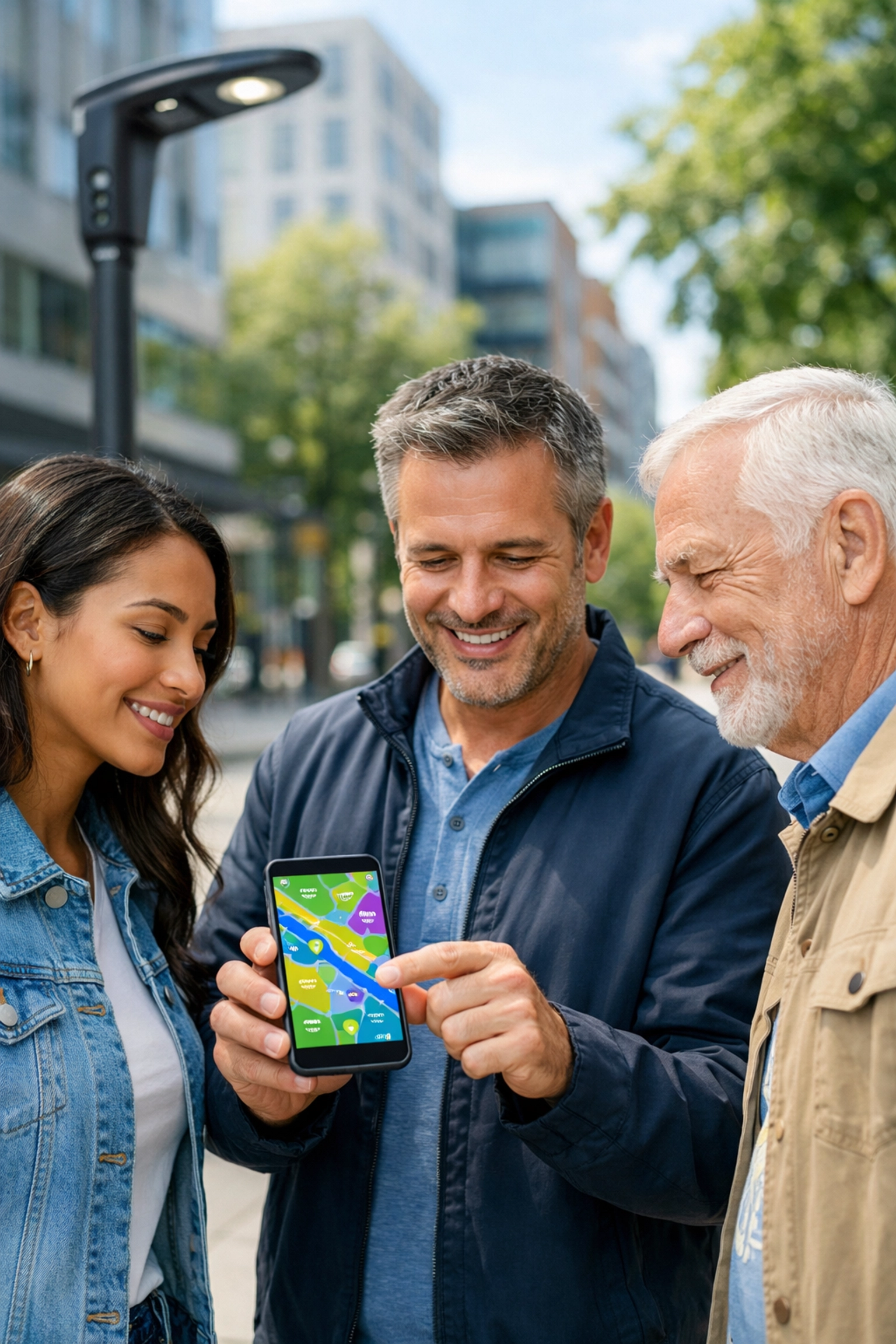 Citizens using smart city technology on mobile devices to engage with local community data and infrastructure.