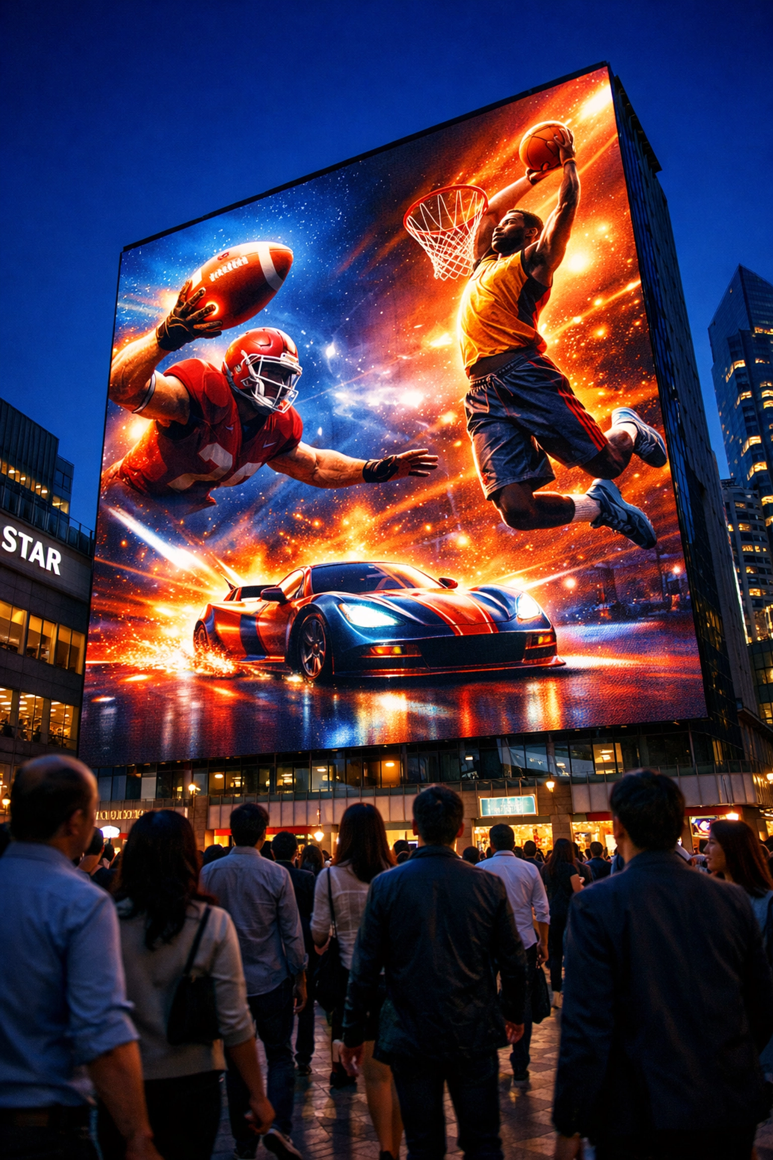 Vibrant digital billboard in a high-traffic urban plaza capturing fan attention for Super Bowl OOH marketing.