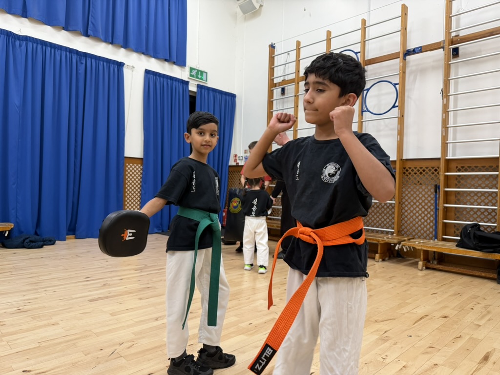 Two children practicing martial arts