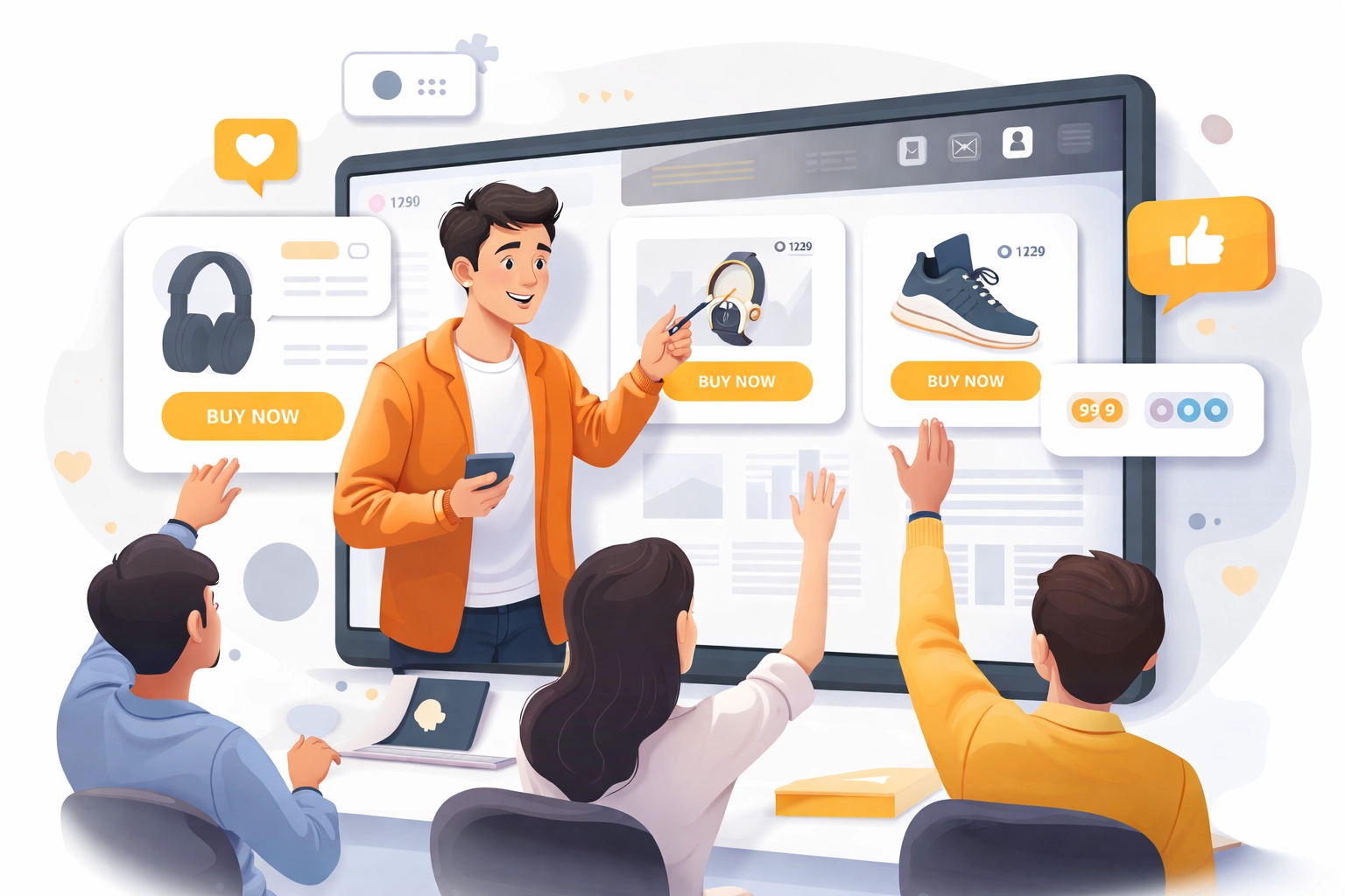 Interactive webinar host demonstrates shoppable video features, engaging attendees with product showcases.