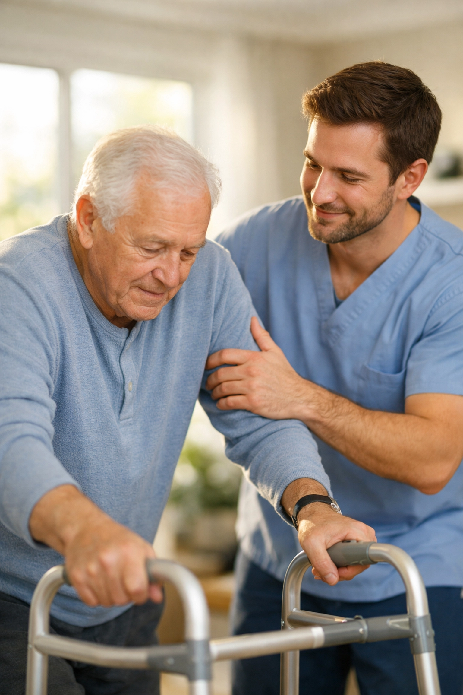 A skilled caregiver providing mobility assistance to a senior man in a bright Houston home healthcare setting.