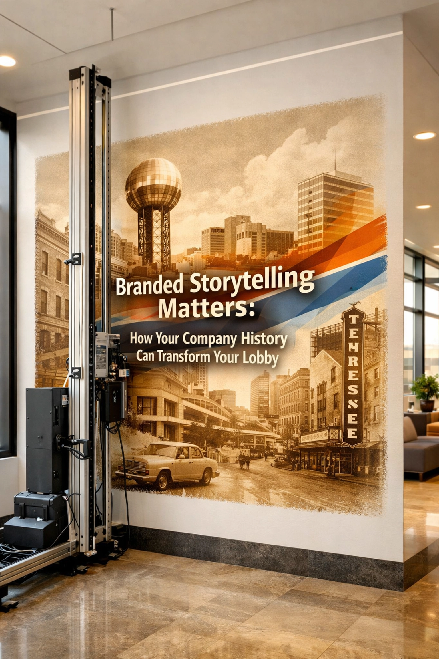 Vertical wall printer installing a high-resolution brand history mural in a modern Knoxville office lobby.