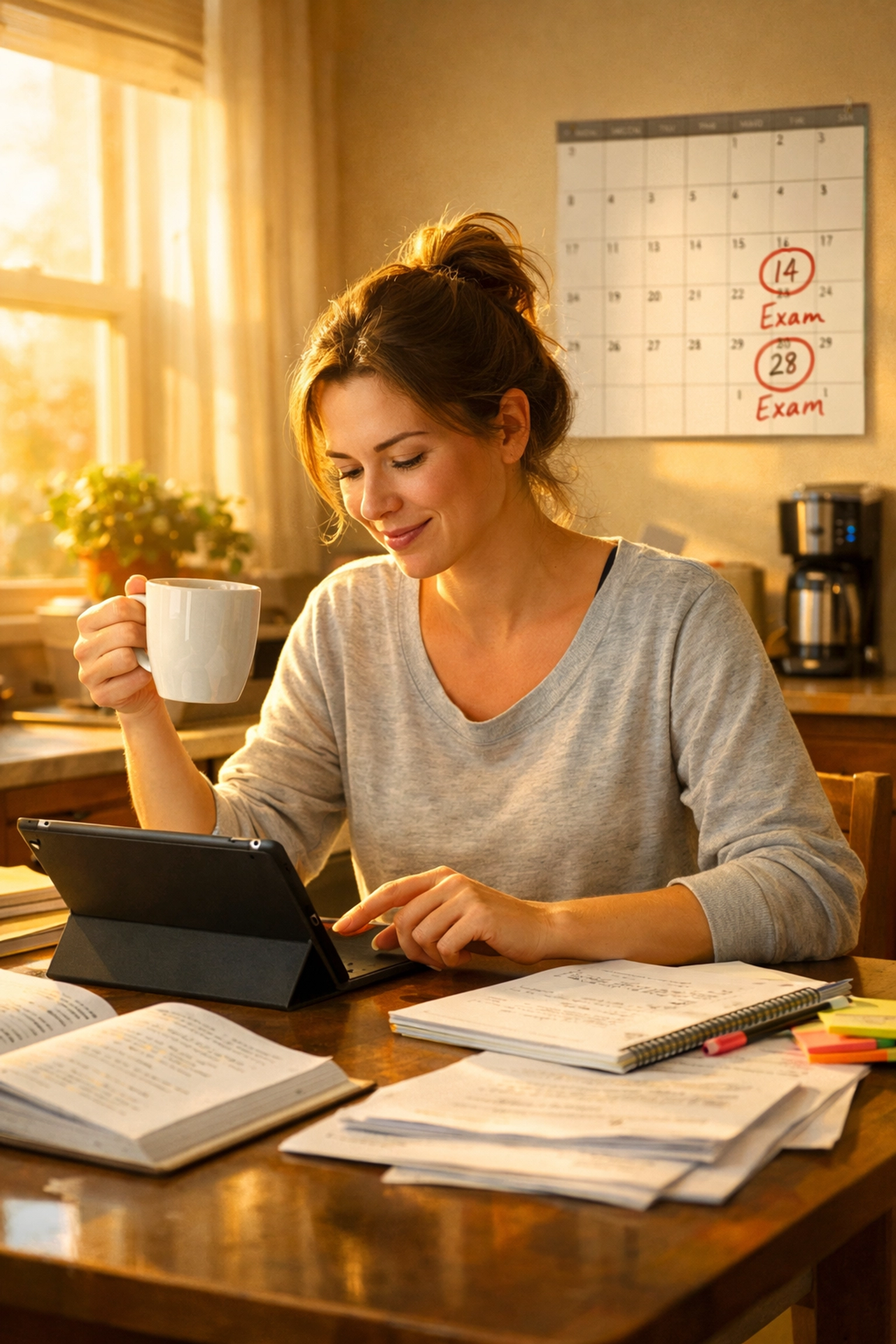 Working professional studying CLEP exam materials at home with morning coffee