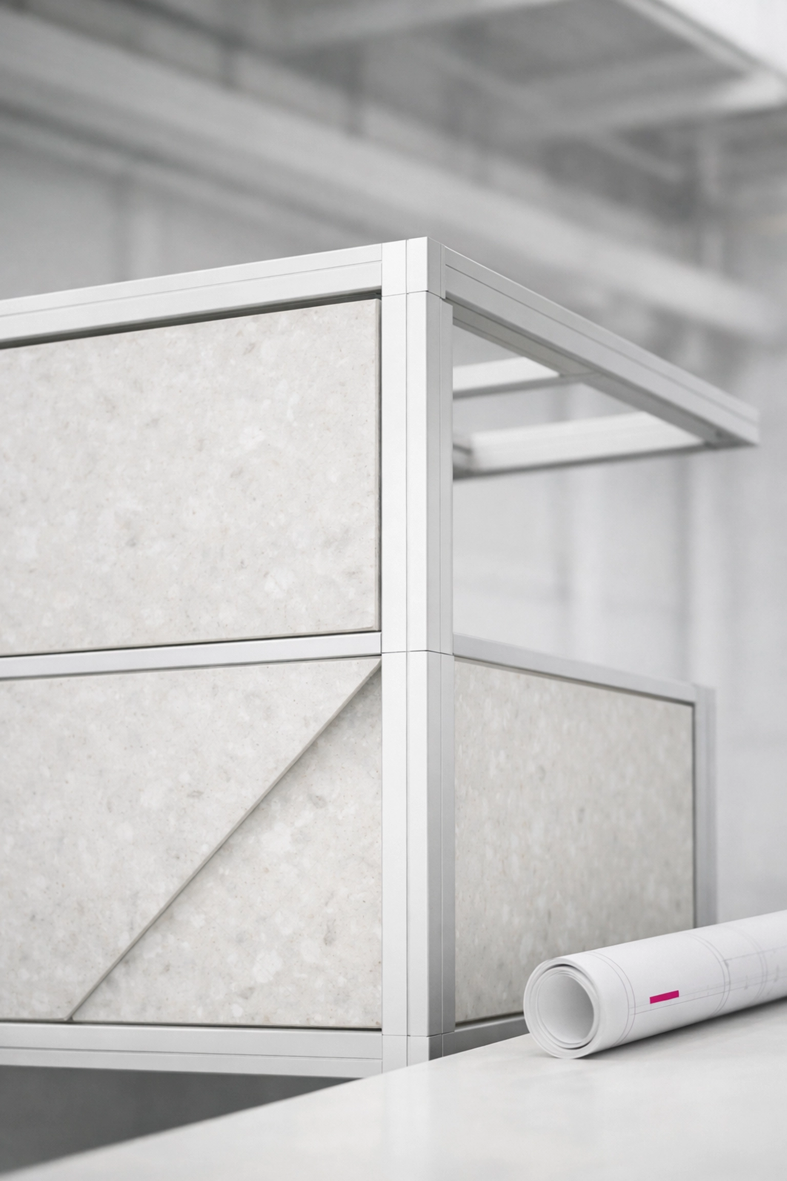 Recycled plastic panels fitted into a modular building frame for sustainable construction.