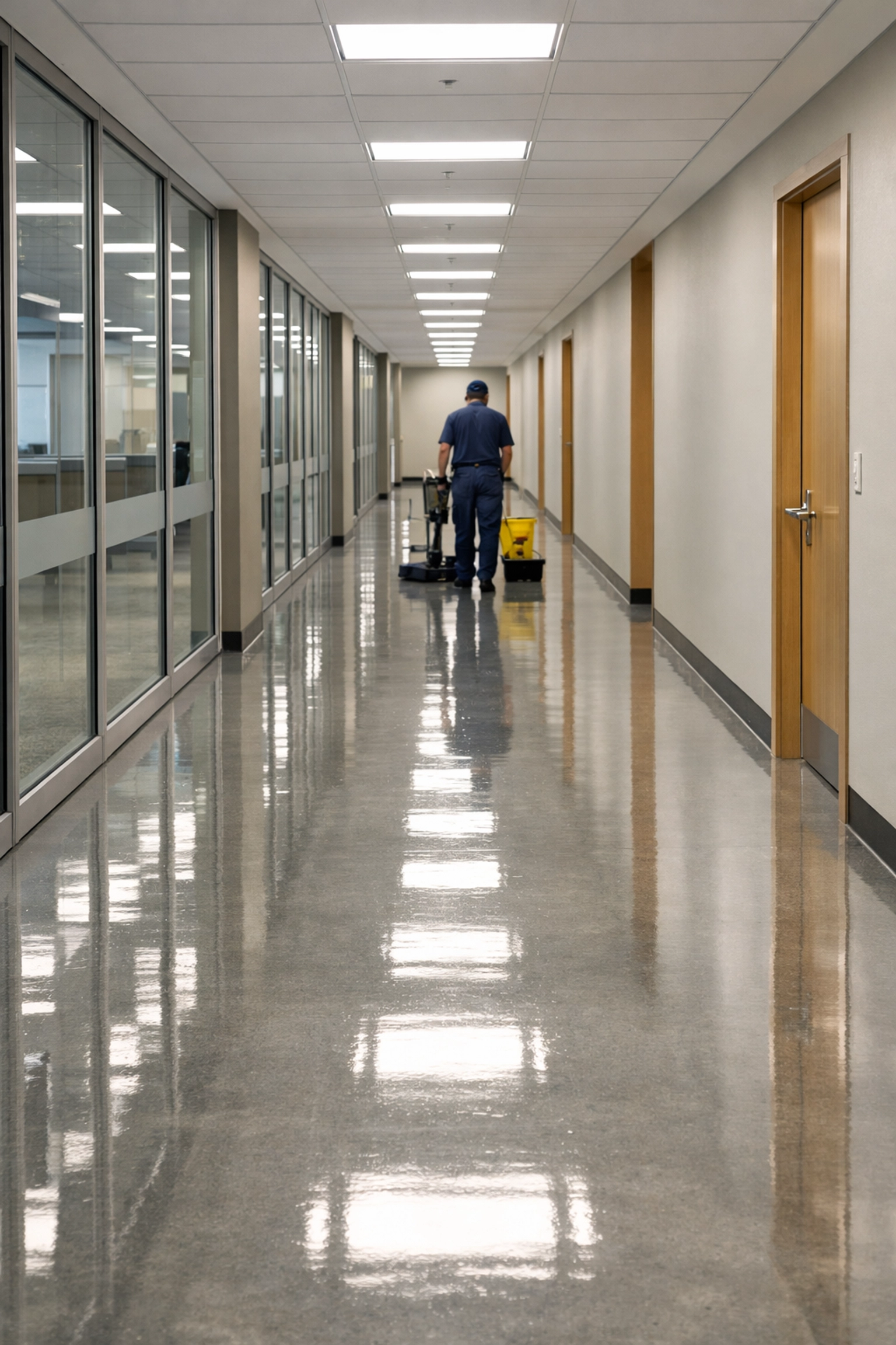 A clean corporate hallway with buffed floors, demonstrating reliable commercial cleaning services in Westchester County NY.