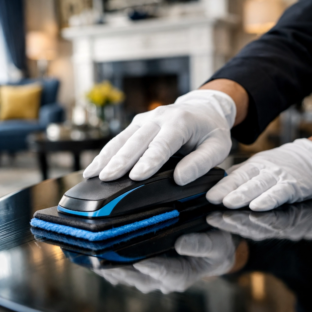 Professional cleaners Newton MA performing precision detailing in a luxury residential living room setting.