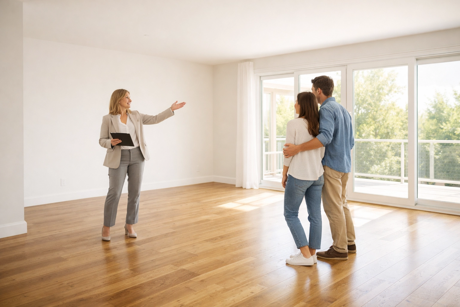 Real estate agent showing empty home to first-time buyers during house hunting tour
