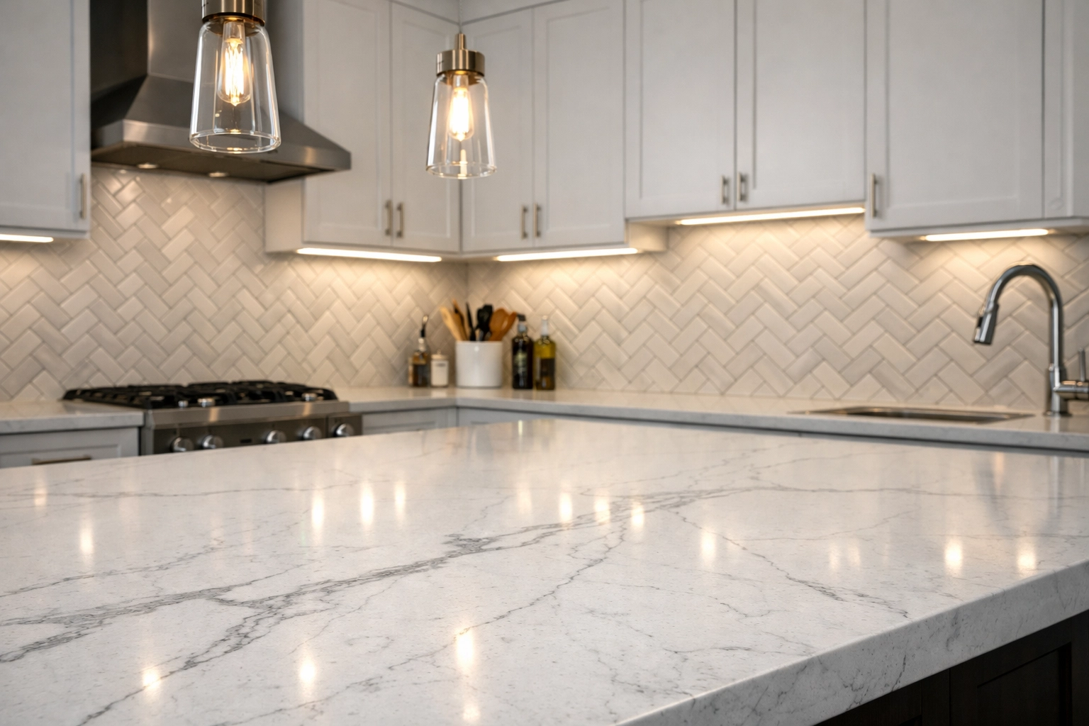 Expert tile installation in Orlando with a marble-veined quartz countertop and herringbone backsplash.