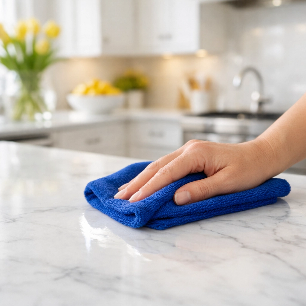 Professional house cleaning in Westborough showing a microfiber cloth buffing a white marble kitchen countertop.