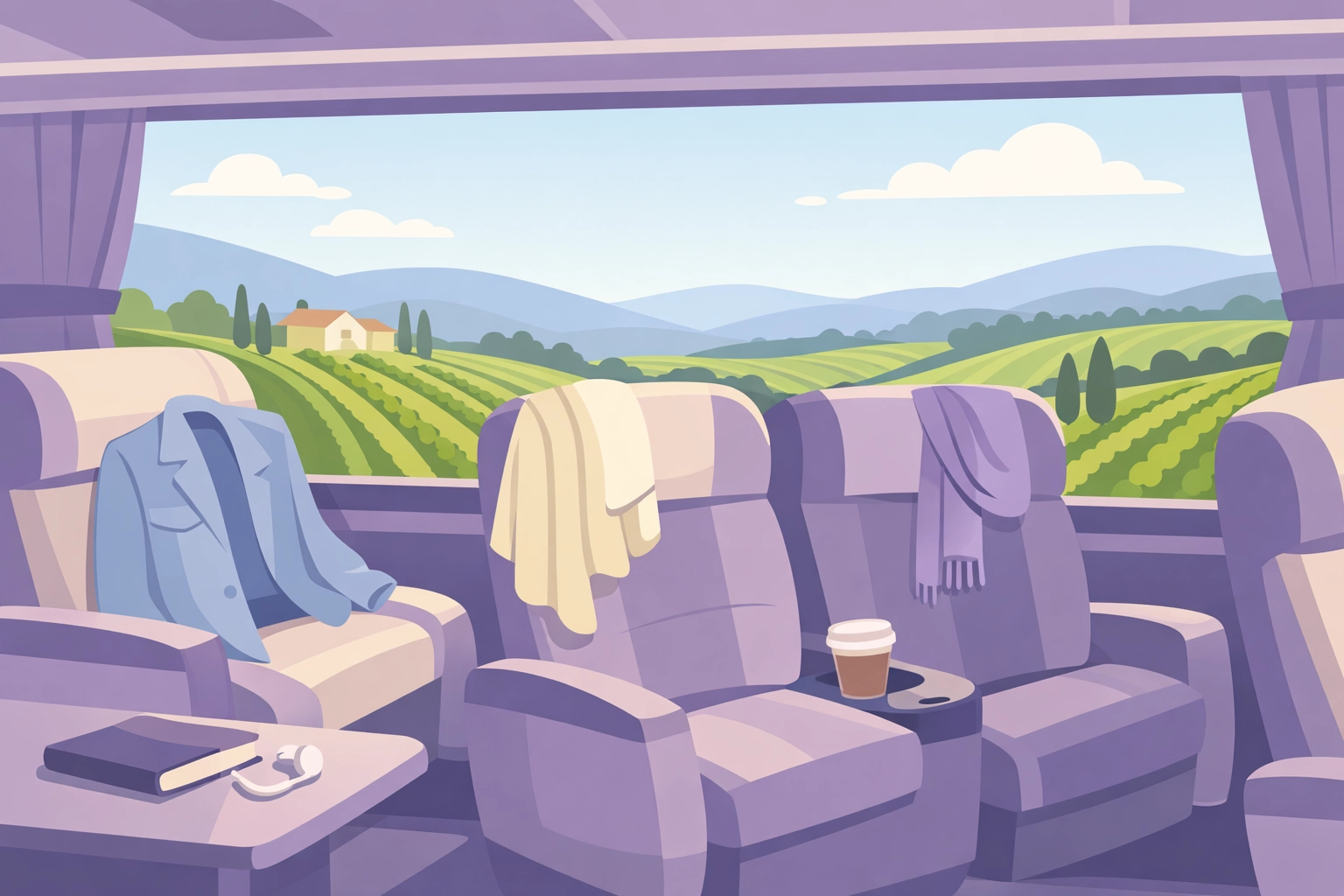 Luxury wine tour bus interior with vineyard views and extra clothing layers for comfort