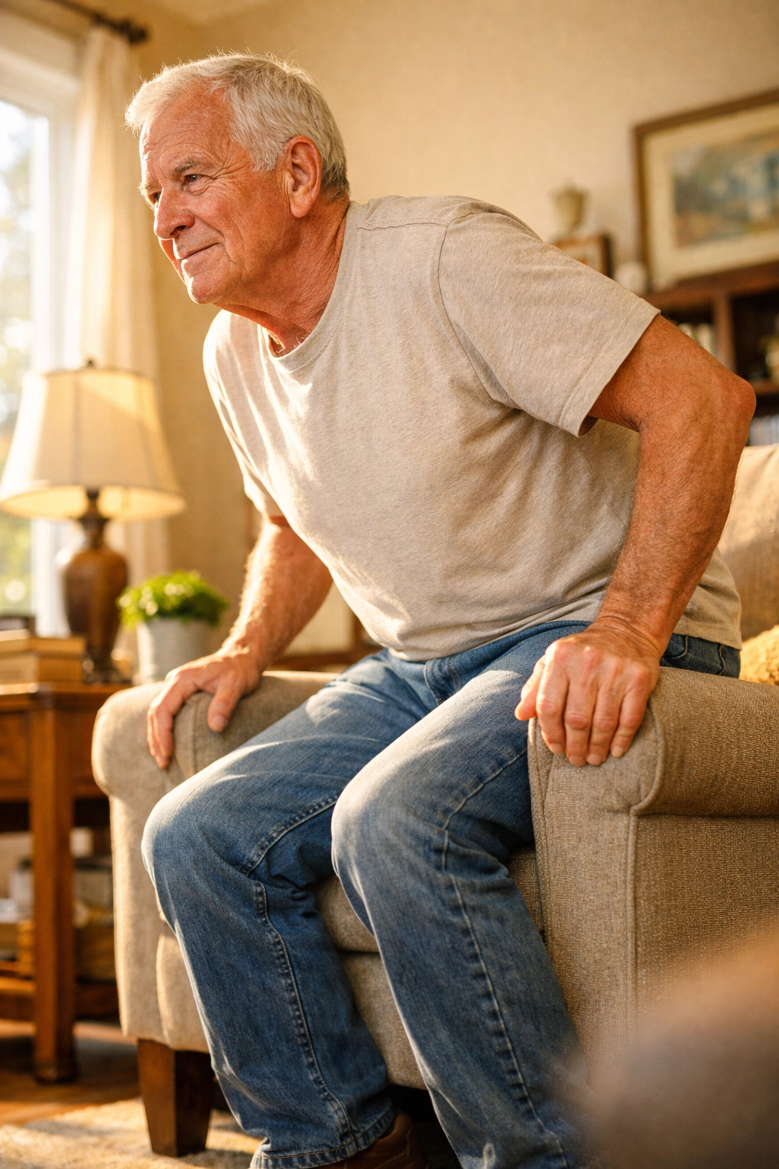 Elderly man standing up from chair using leg strength without hand support