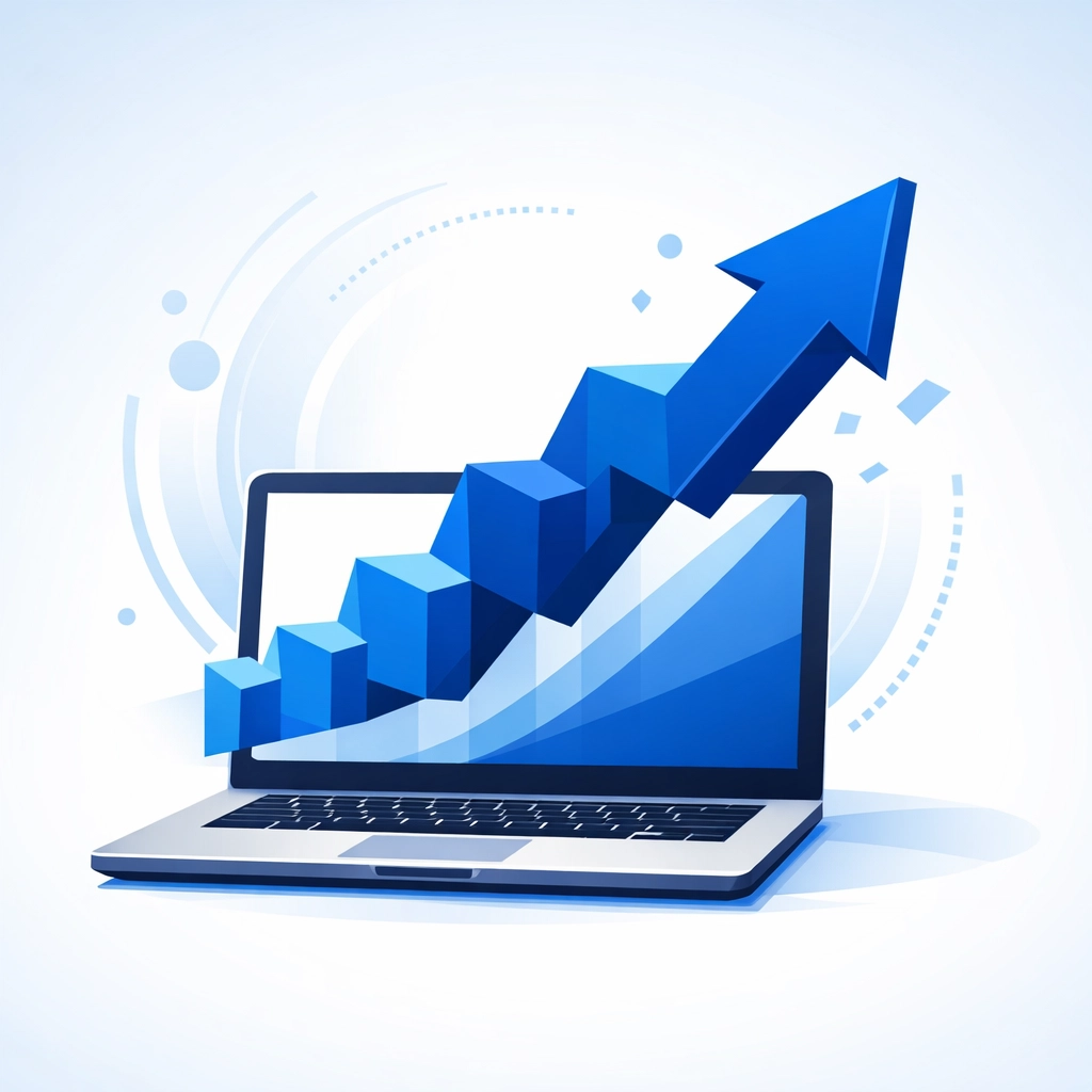Upward trending arrow rising from a laptop, symbolizing business growth and increased conversions from web design.