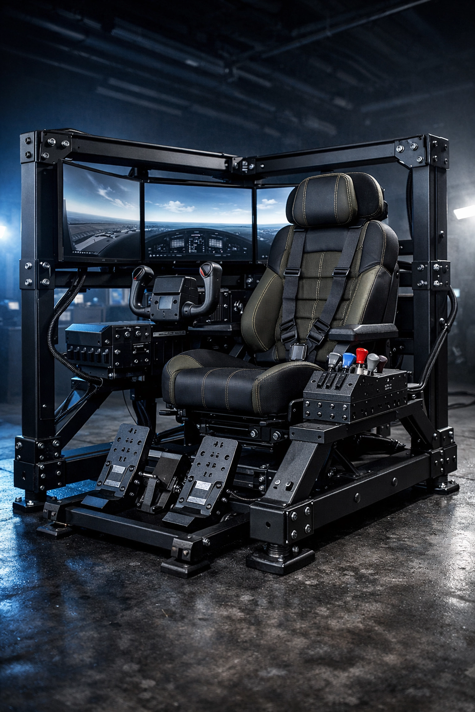 Reinforced military flight simulator rig with a steel frame and professional cockpit controls for ROTC training.