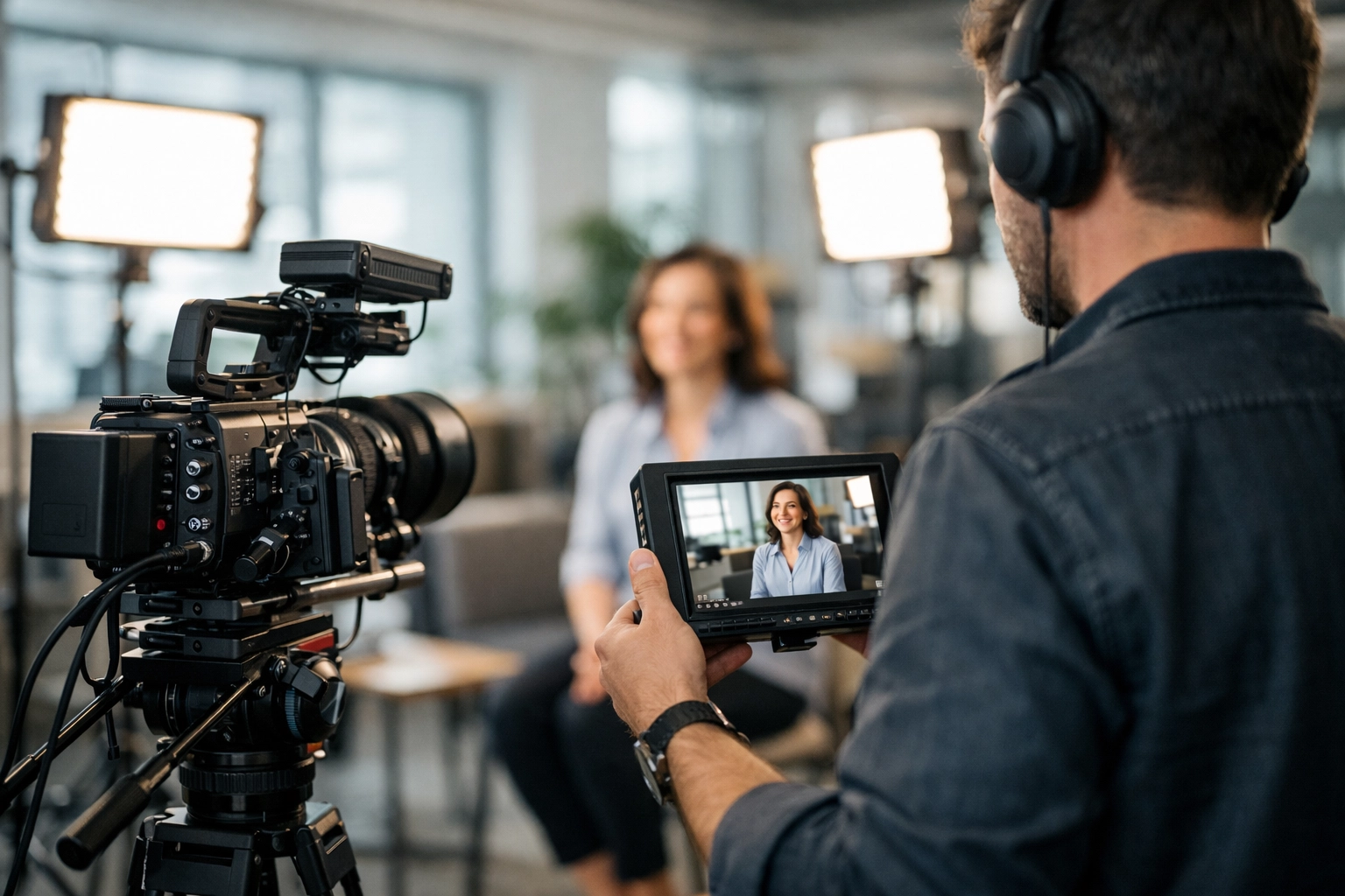 Commercial video production setup with camera and lighting for business interview