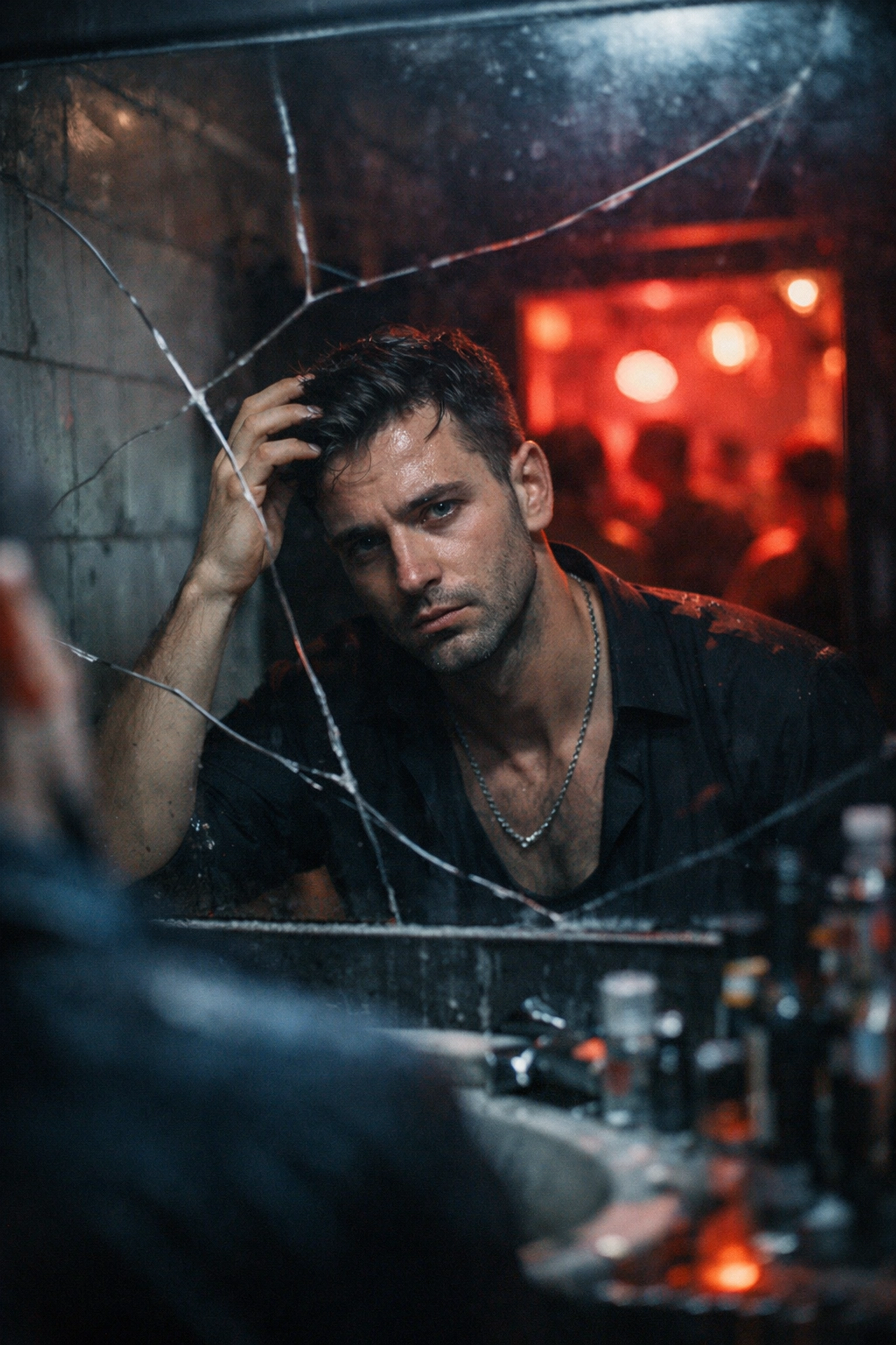 A weary gay man looks into a cracked mirror at a party, symbolizing the social pressure of the chem-sex scene.