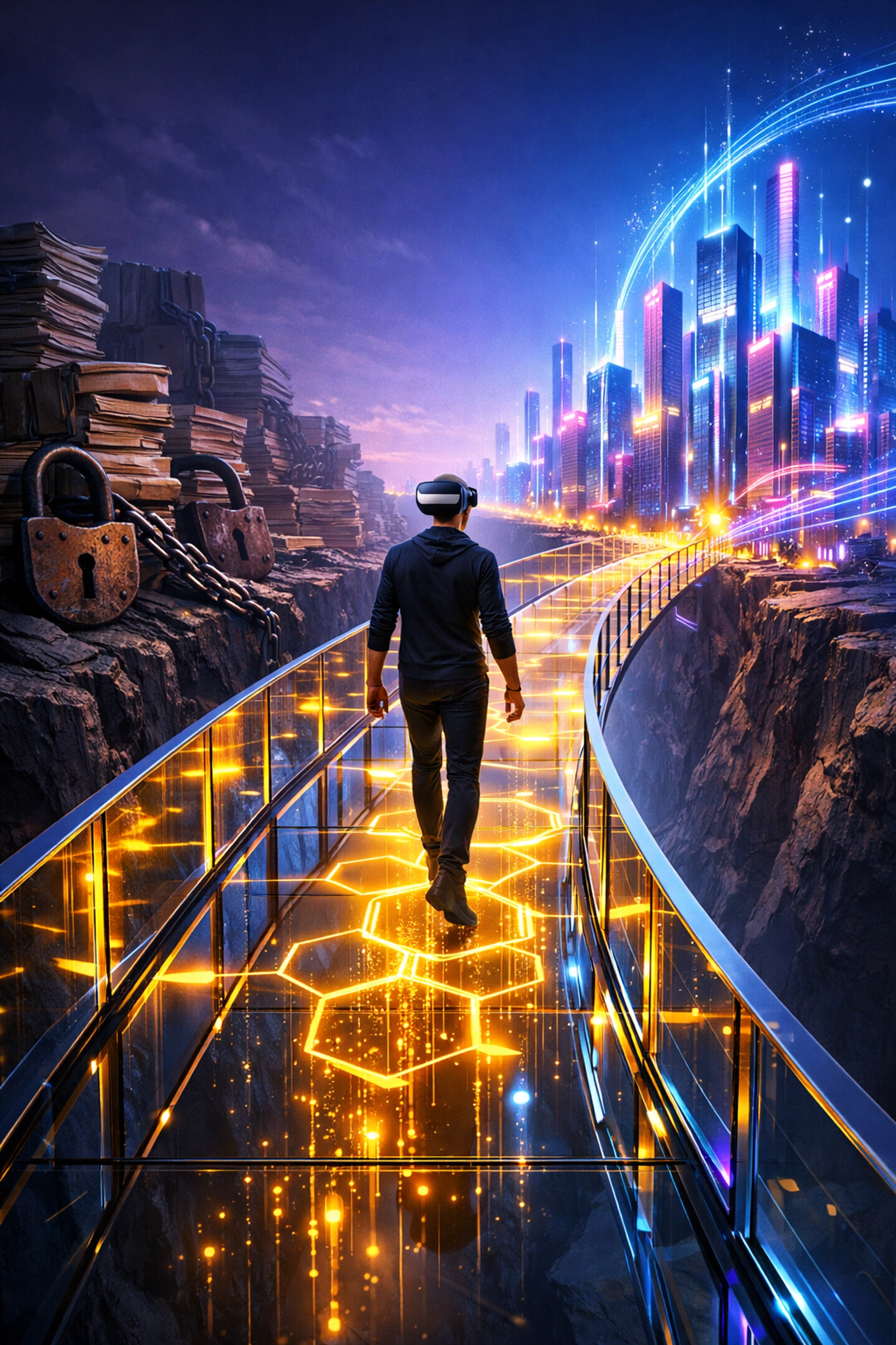 Person in a VR headset crossing a bridge from legacy systems to a neon metaverse for Larecoin AI payments.