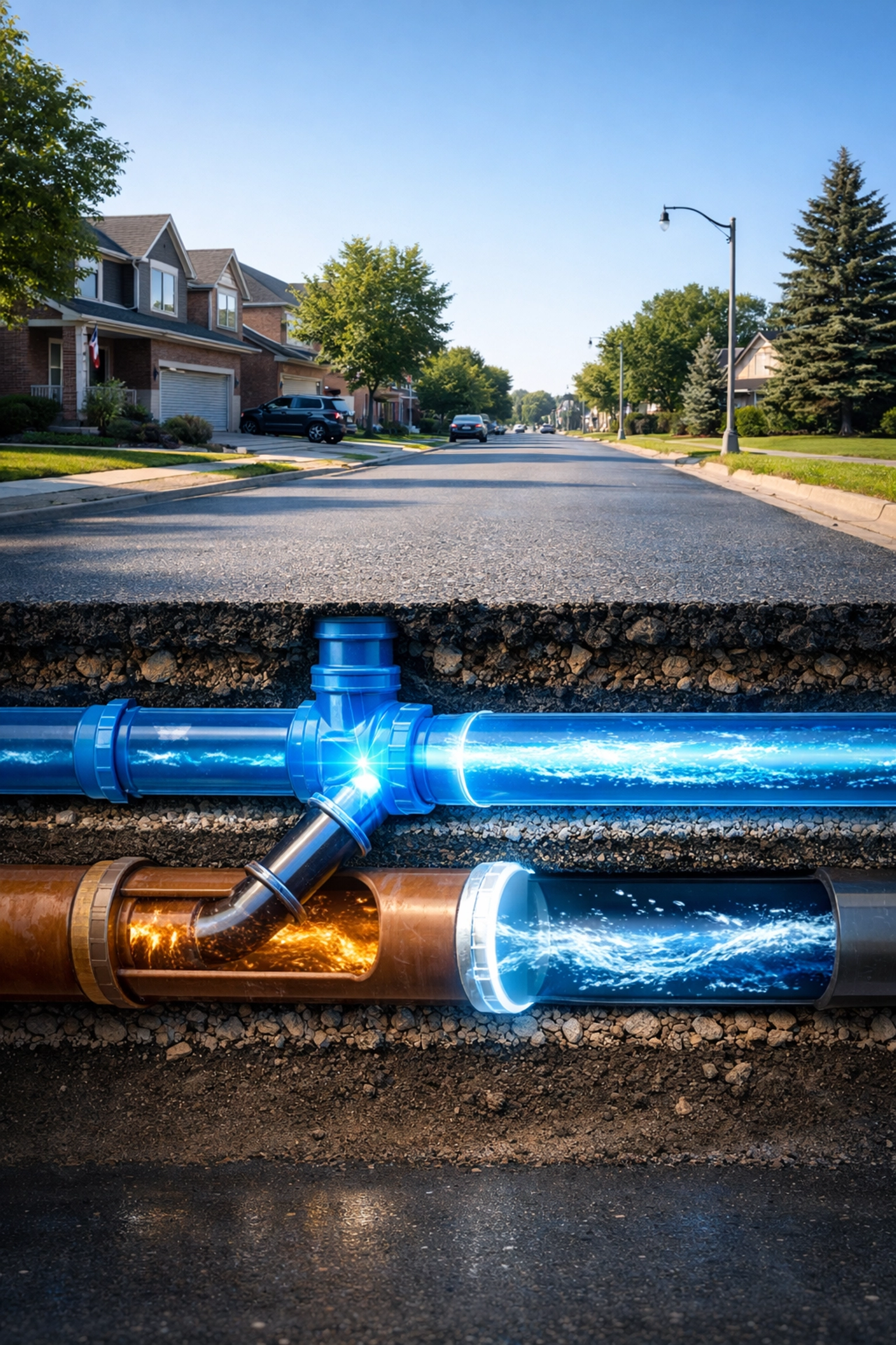 Technical diagram of underground water and sanitary pipes for an Ontario 4-plex conversion project.