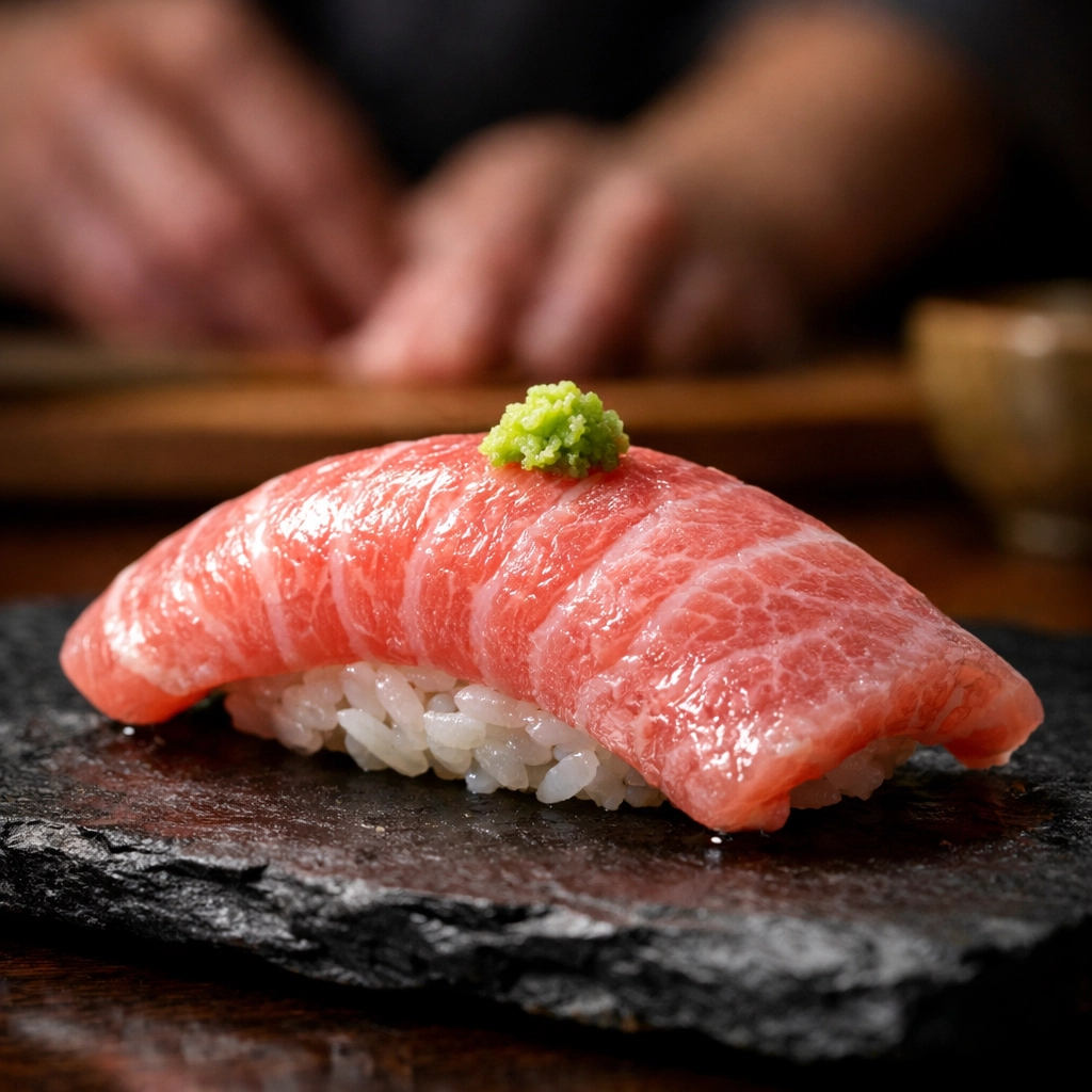 Otoro nigiri sushi in Ginza, Tokyo, close-up of fatty tuna with wasabi on slate plate