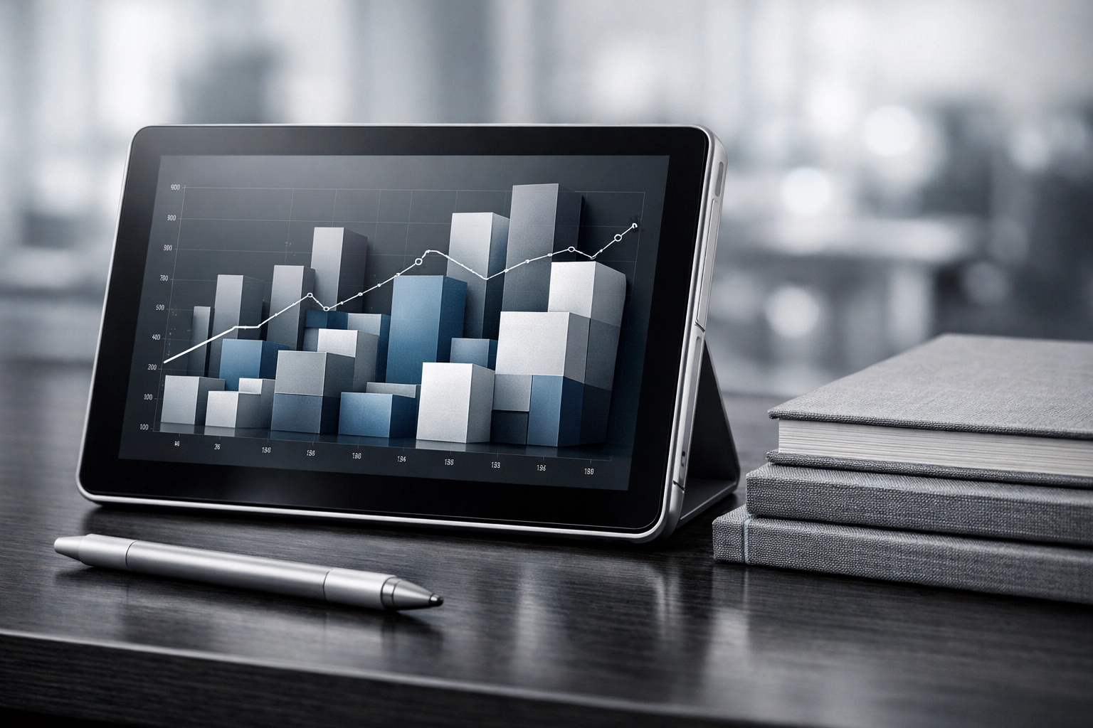 Professional workspace with a data dashboard on a tablet, highlighting digital literacy and institutional impact.