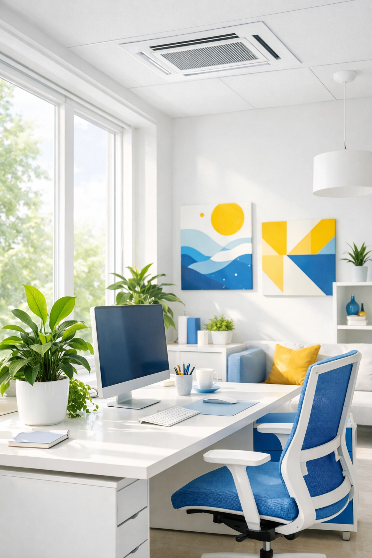 Airy Plymouth office space with dust-free vents and plants, promoting workplace wellness and cleanliness.