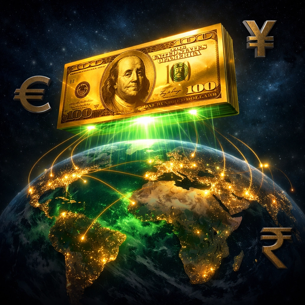 US dollar bill dominating globe with connections to world cities as other currencies fade in background