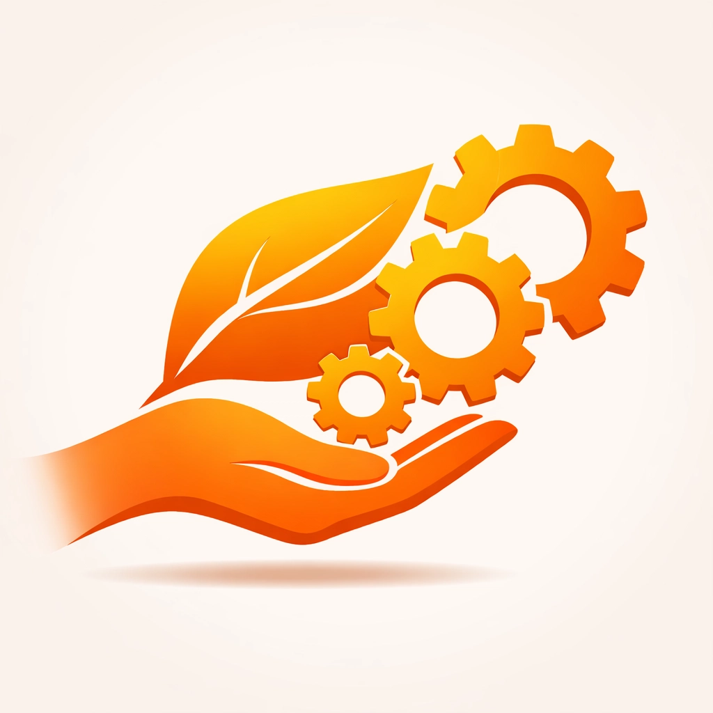 Illustration of a hand holding a leaf merging with gears, representing eco-conscious design.