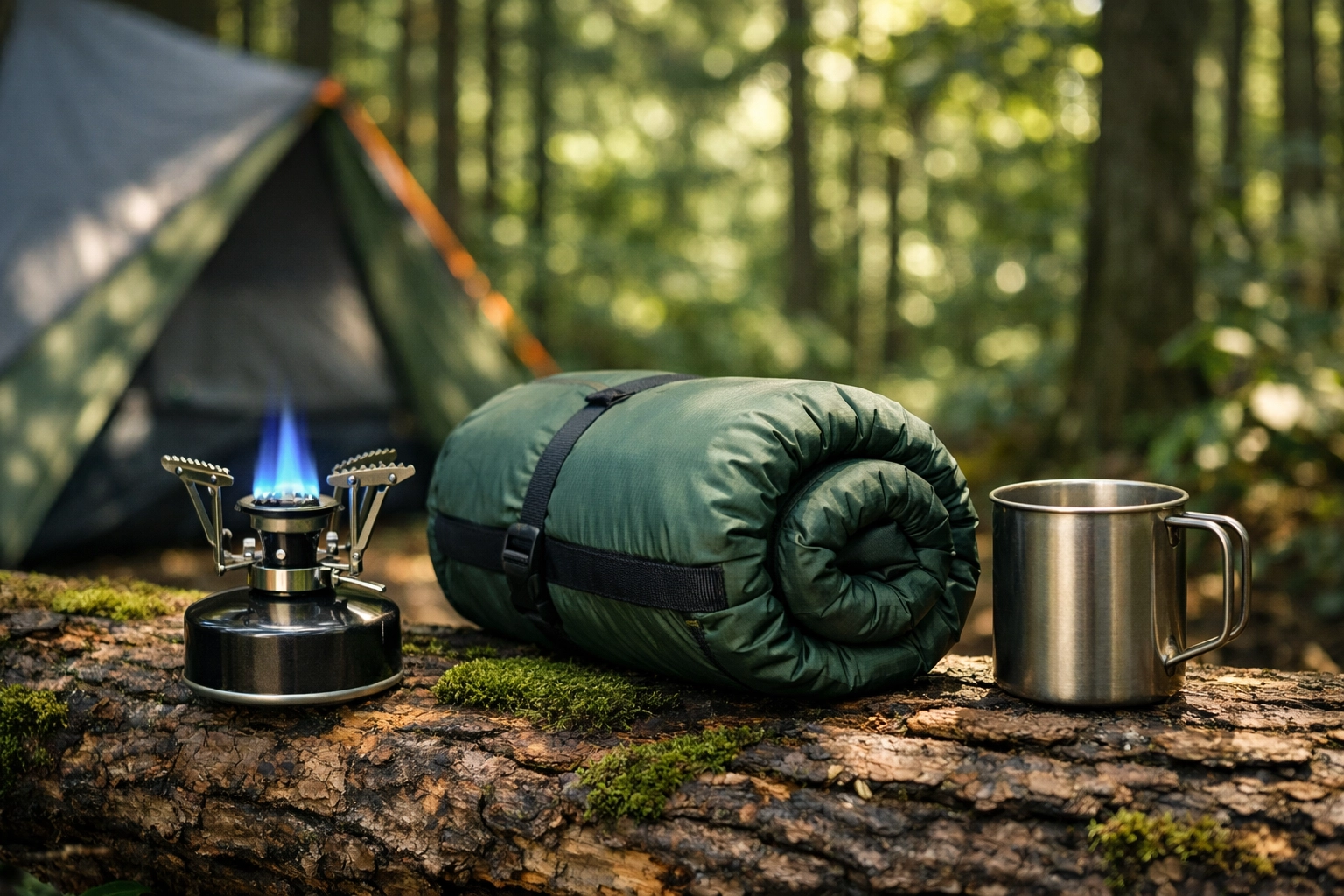 Wholesale camping gear including a portable stove and sleeping bag in a forest setting.