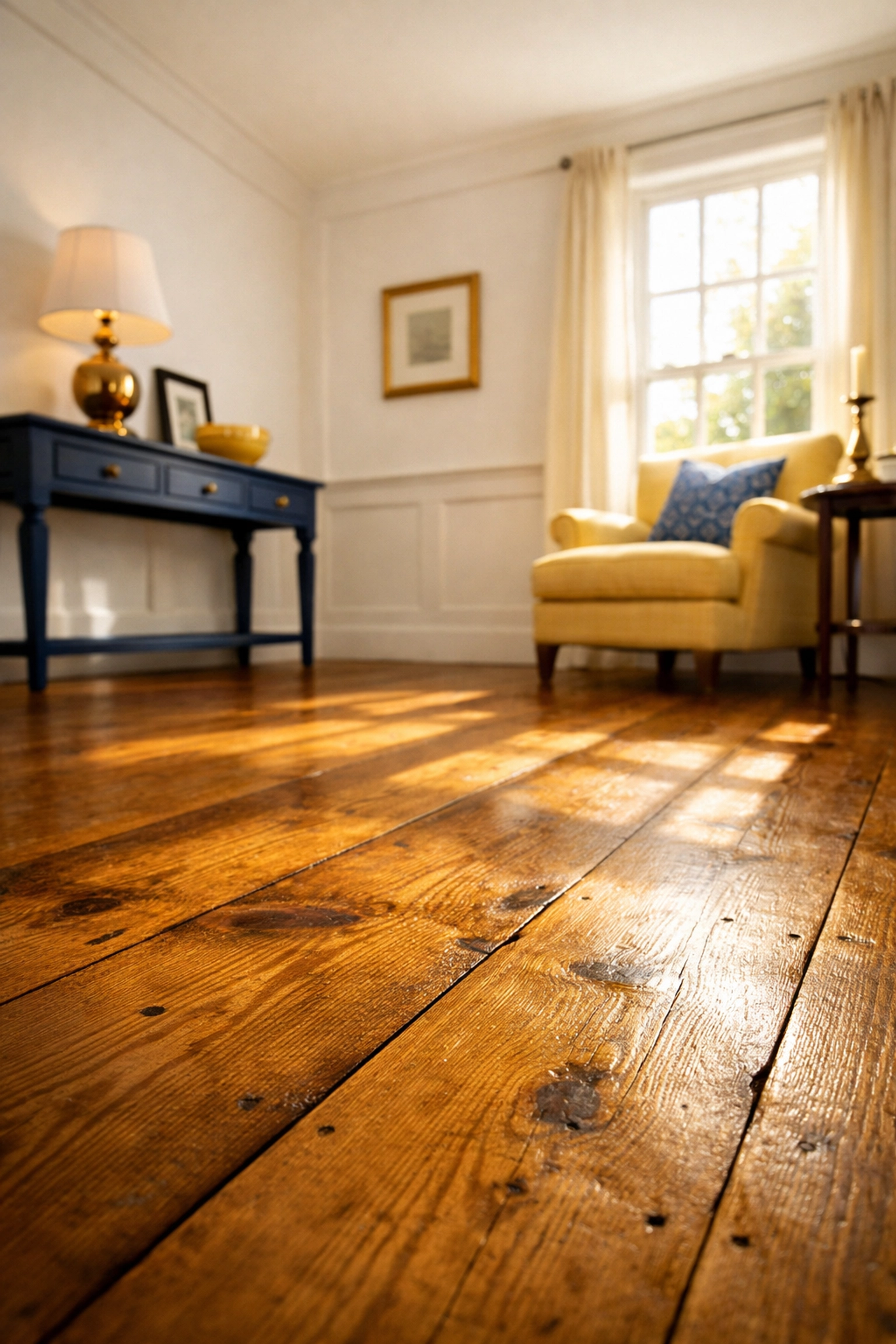 Polished wide-plank hardwood floors in a historic Lunenburg home showing natural wood grain and sunlight.